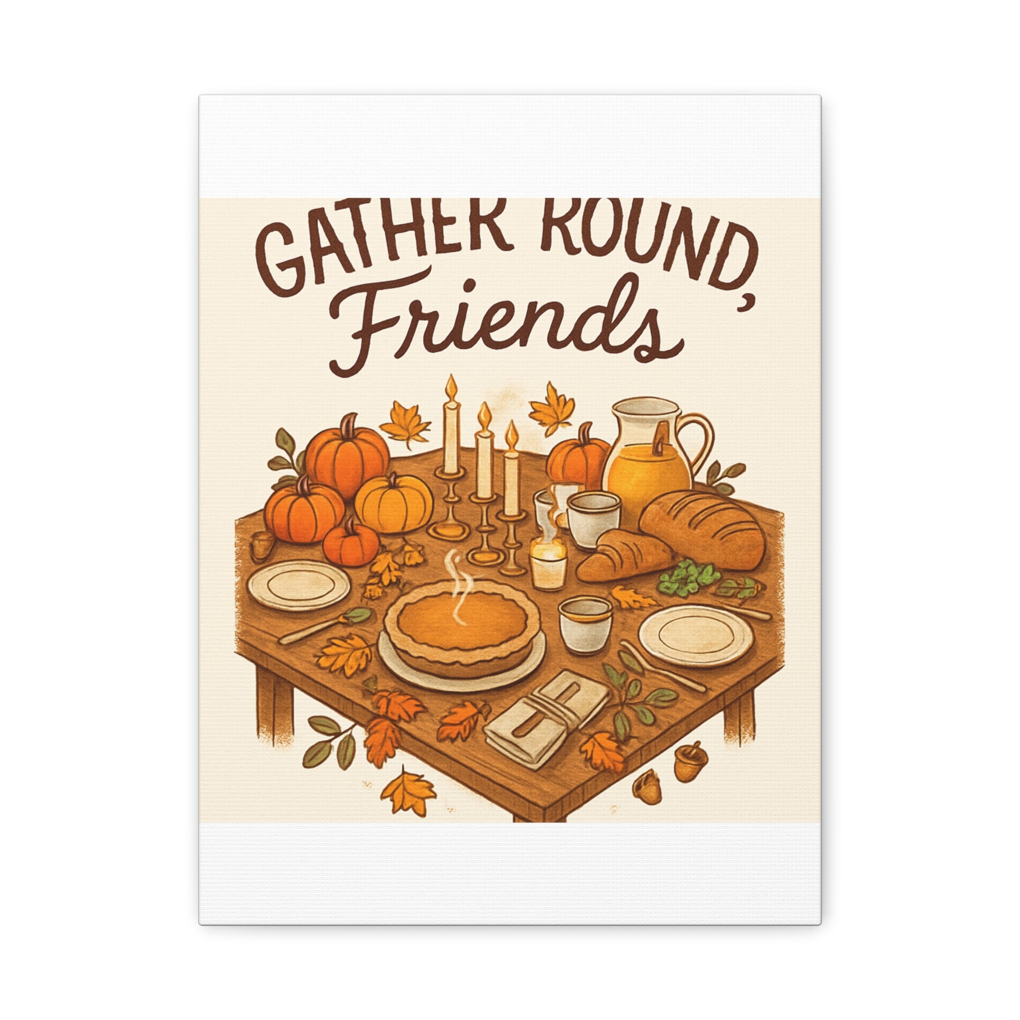 Thankful Gathering Canvas Wall Art — Friends, Family Thanksgiving Table Illustration