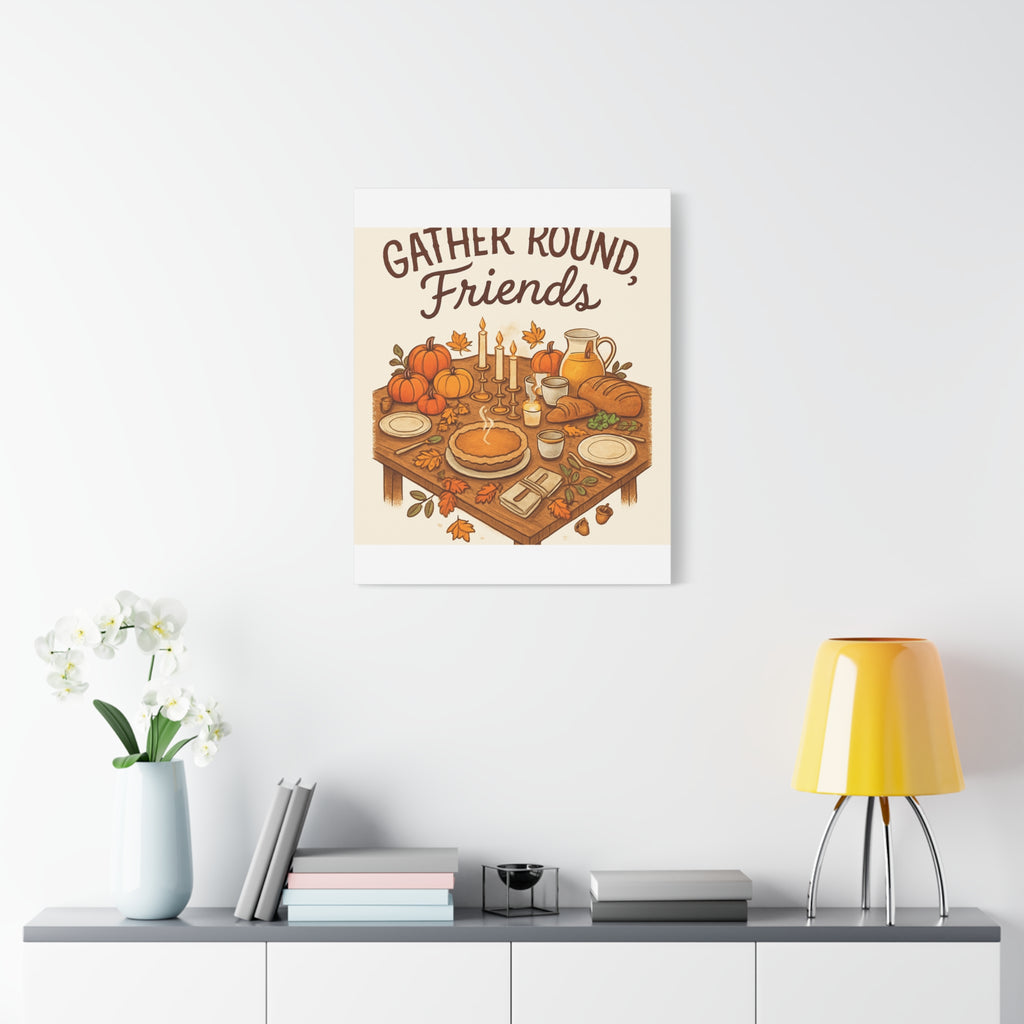 Thankful Gathering Canvas Wall Art — Friends, Family Thanksgiving Table Illustration