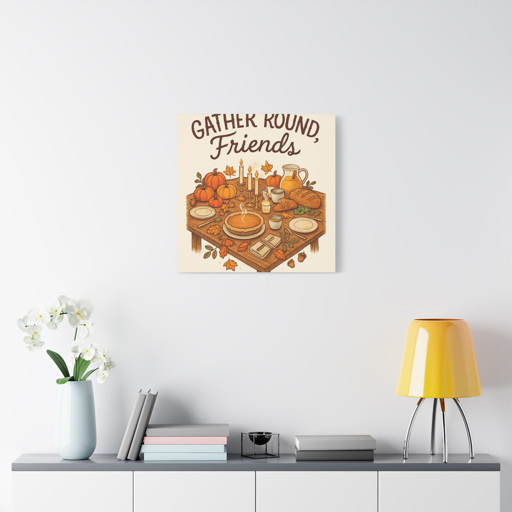 Thankful Gathering Canvas Wall Art — Friends, Family Thanksgiving Table Illustration