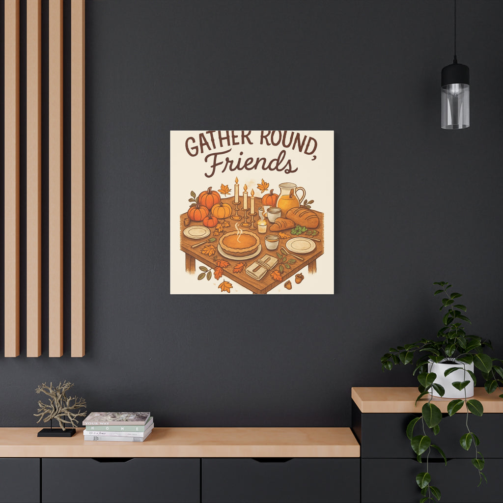 Thankful Gathering Canvas Wall Art — Friends, Family Thanksgiving Table Illustration