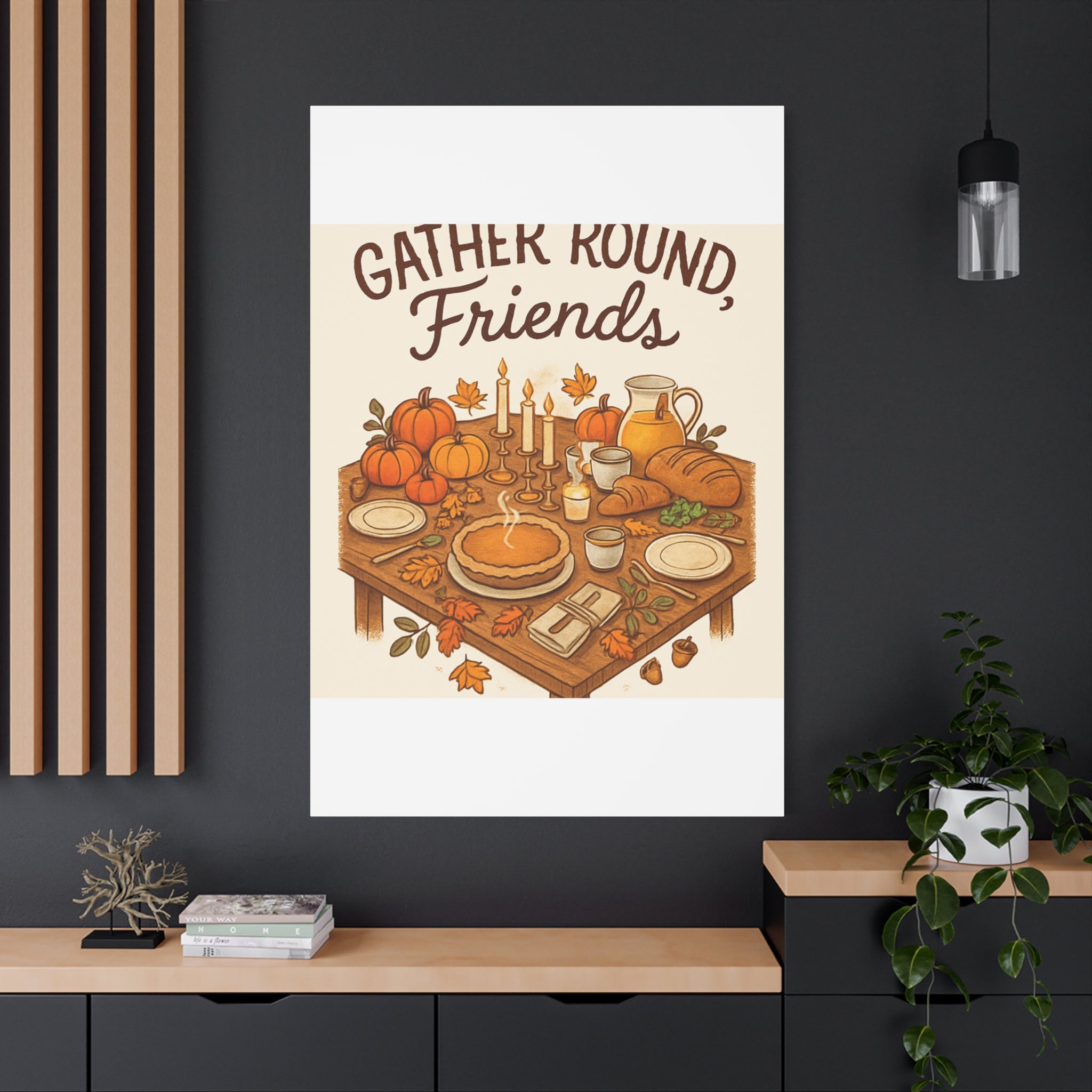 Thankful Gathering Canvas Wall Art — Friends, Family Thanksgiving Table Illustration
