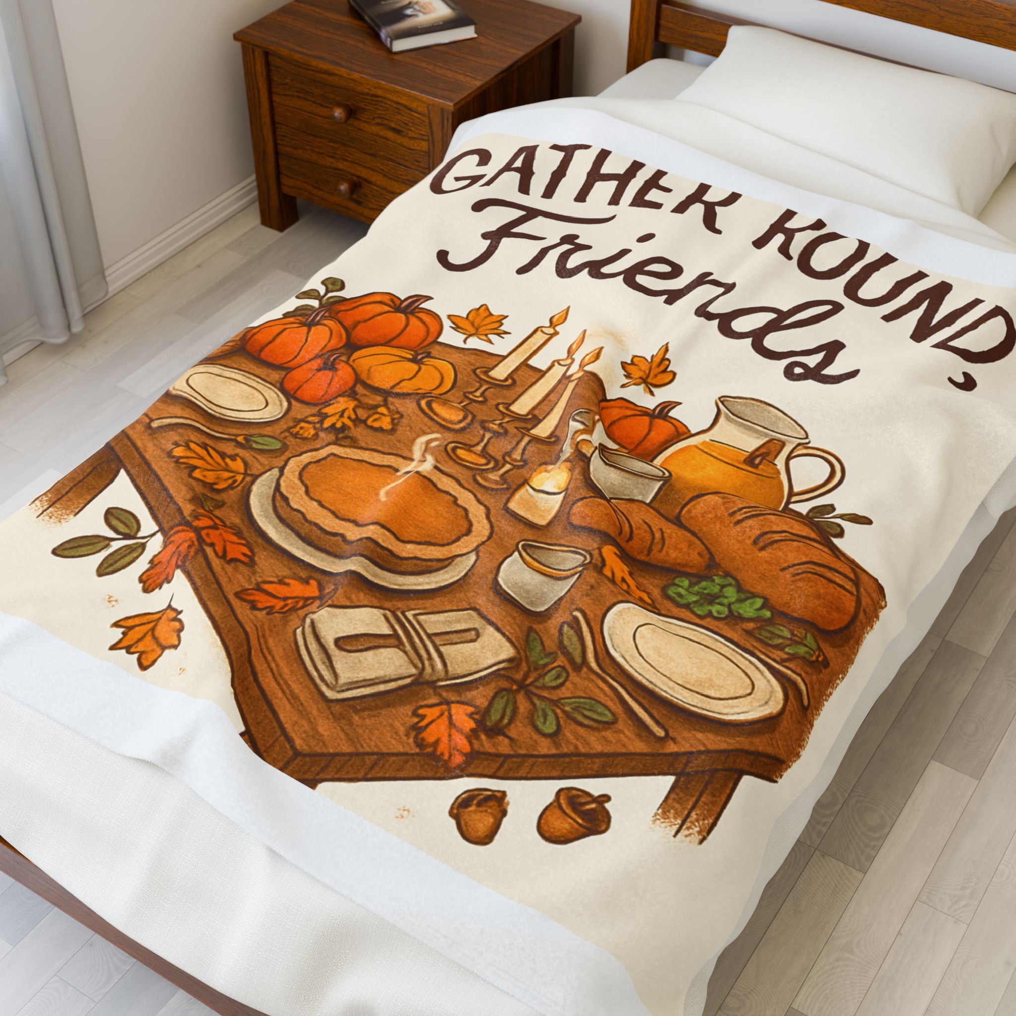 Gather Round Friends Velveteen Plush Blanket — Thanksgiving Fall Harvest Throw