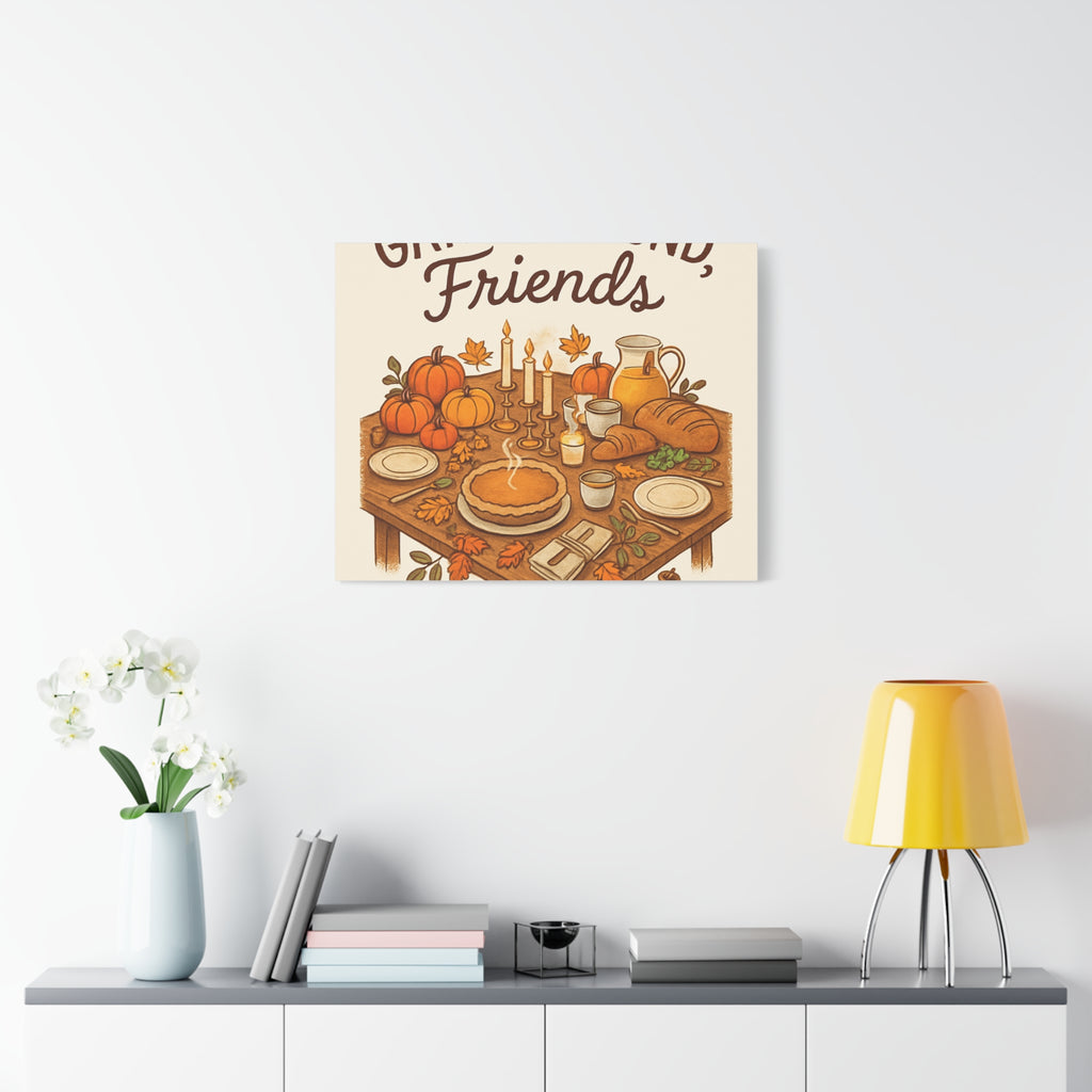 Thankful Gathering Canvas Wall Art — Friends, Family Thanksgiving Table Illustration