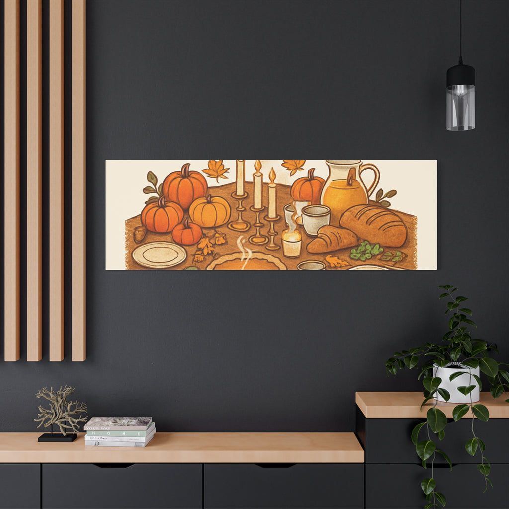 Thankful Gathering Canvas Wall Art — Friends, Family Thanksgiving Table Illustration