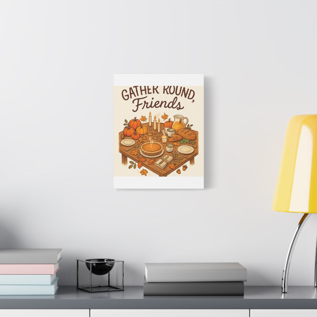 Thankful Gathering Canvas Wall Art — Friends, Family Thanksgiving Table Illustration