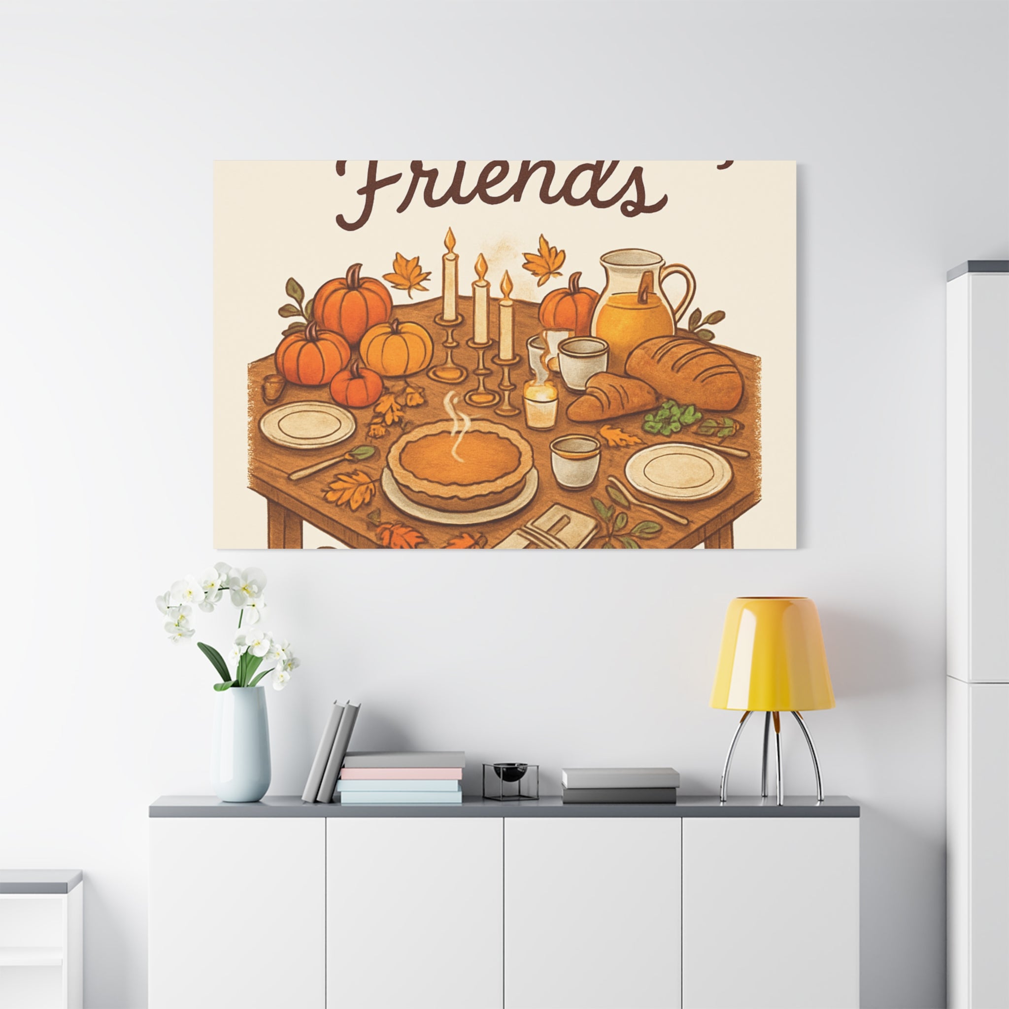 Thankful Gathering Canvas Wall Art — Friends, Family Thanksgiving Table Illustration