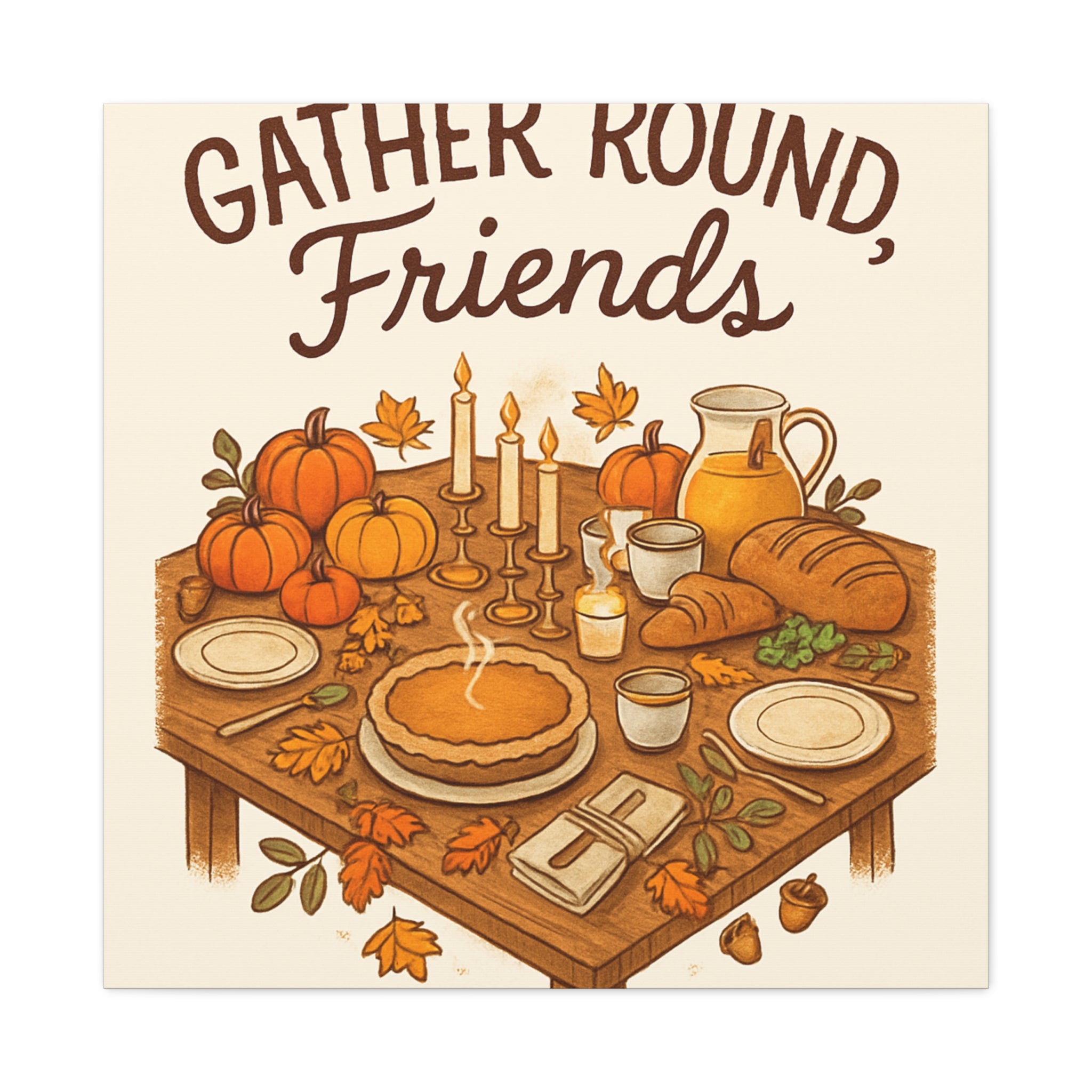 Thankful Gathering Canvas Wall Art — Friends, Family Thanksgiving Table Illustration