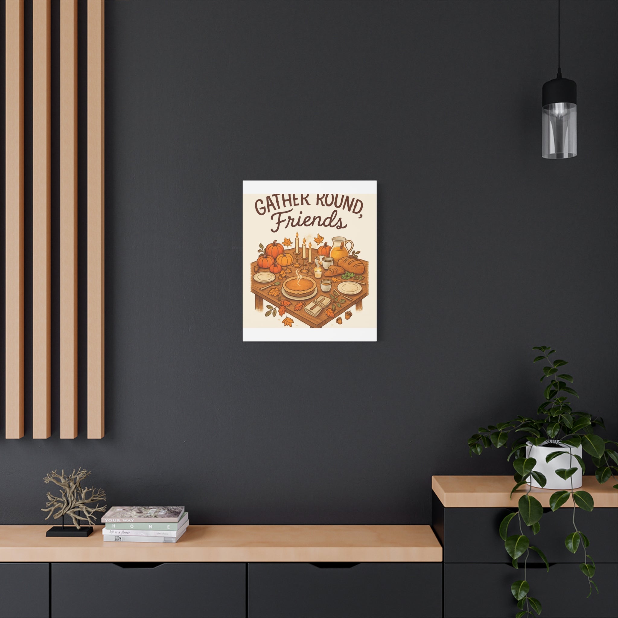 Thankful Gathering Canvas Wall Art — Friends, Family Thanksgiving Table Illustration
