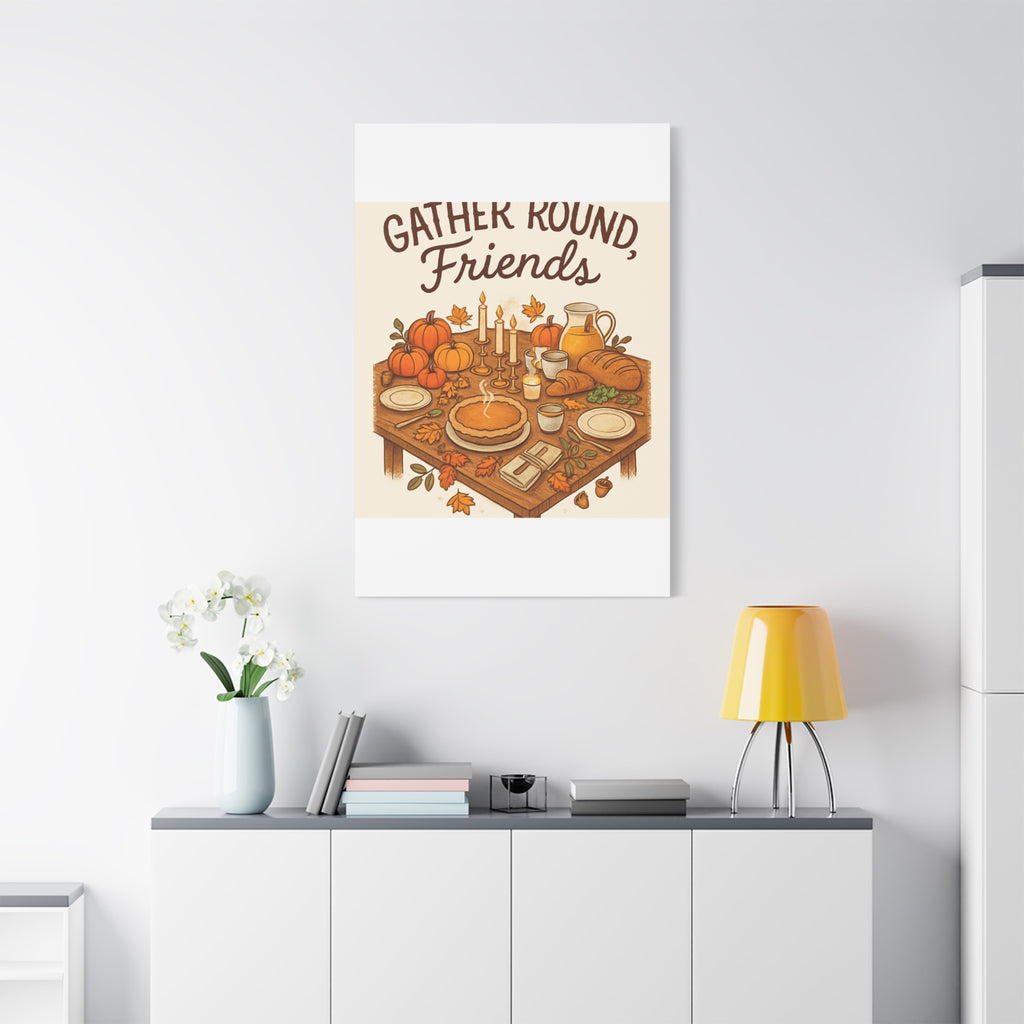 Thankful Gathering Canvas Wall Art — Friends, Family Thanksgiving Table Illustration