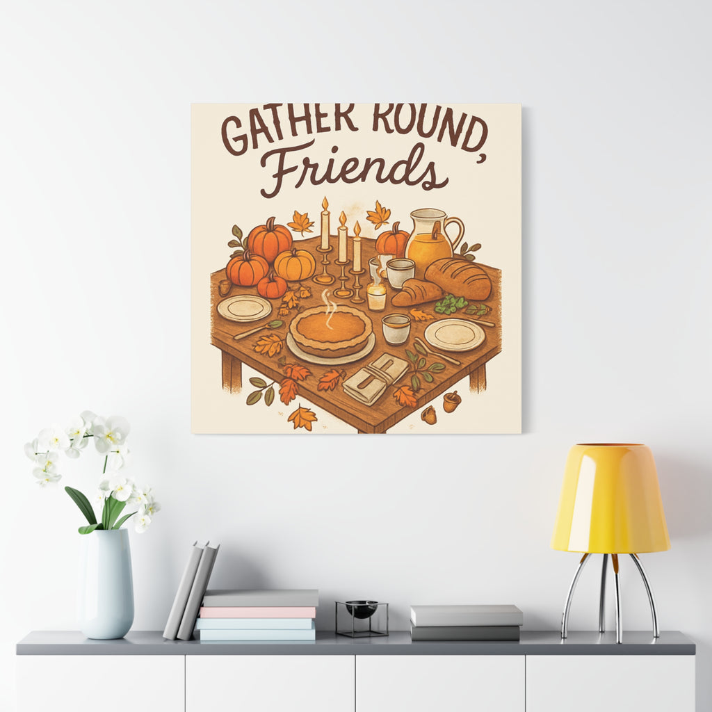 Thankful Gathering Canvas Wall Art — Friends, Family Thanksgiving Table Illustration