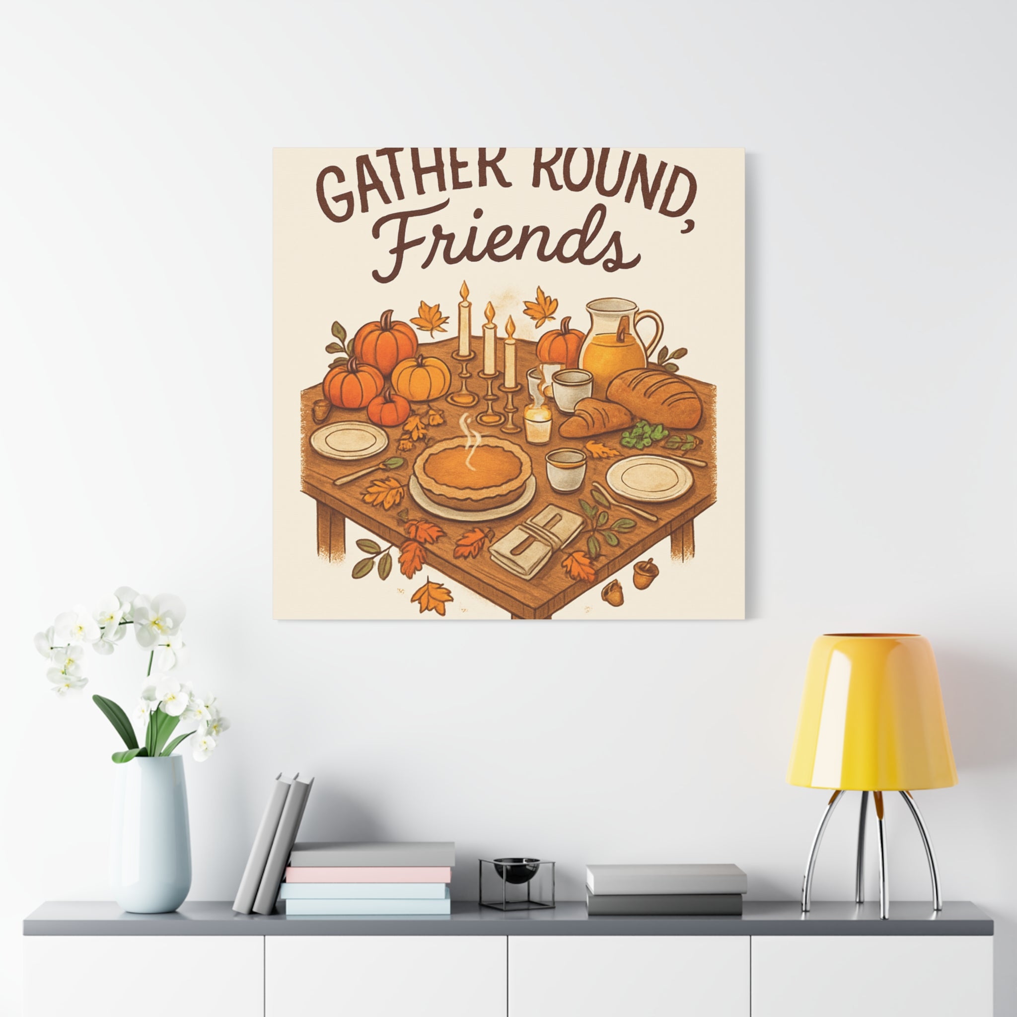 Thankful Gathering Canvas Wall Art — Friends, Family Thanksgiving Table Illustration
