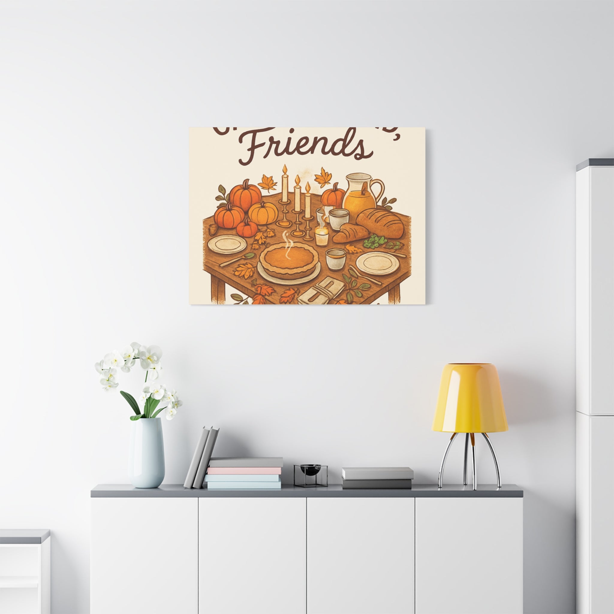 Thankful Gathering Canvas Wall Art — Friends, Family Thanksgiving Table Illustration
