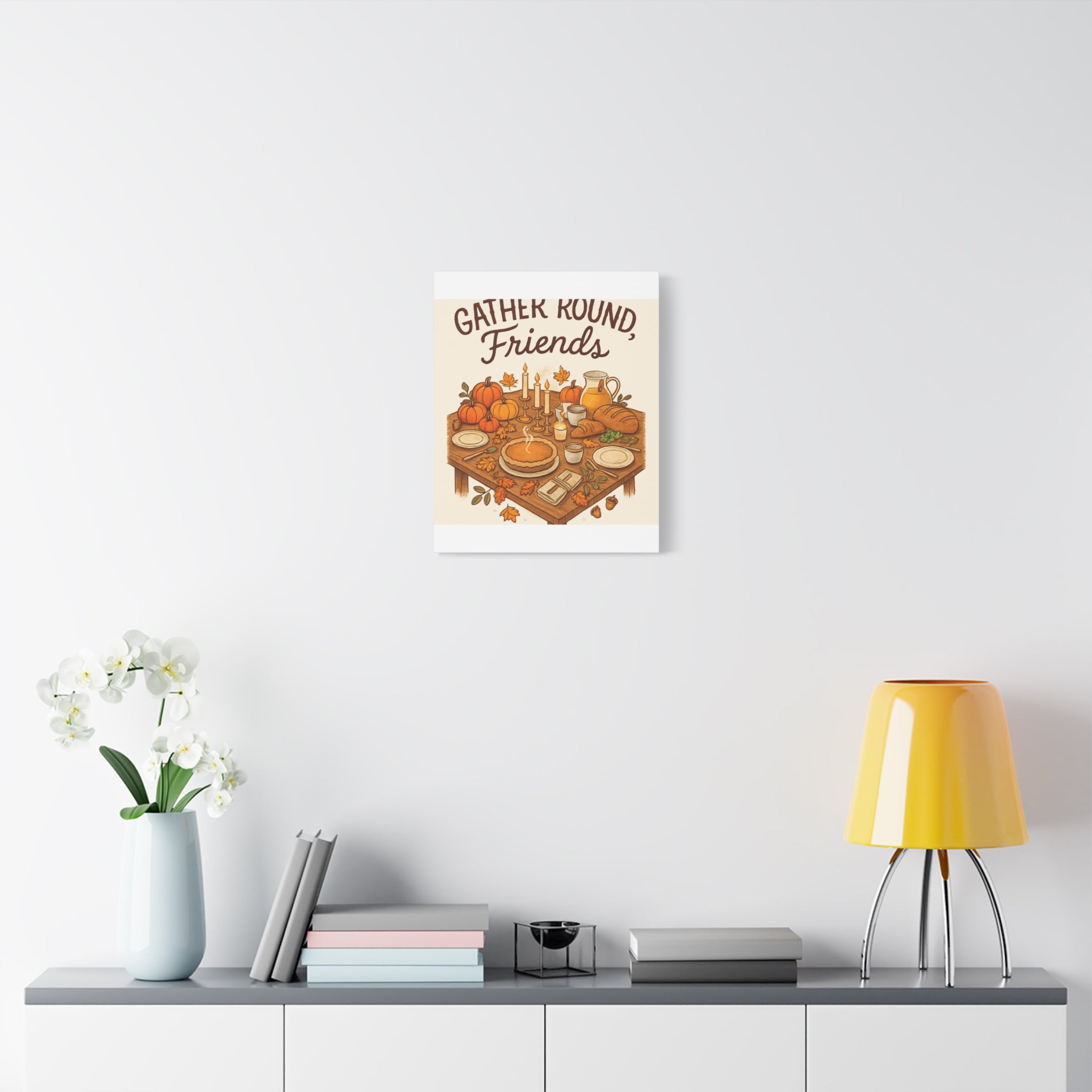 Thankful Gathering Canvas Wall Art — Friends, Family Thanksgiving Table Illustration