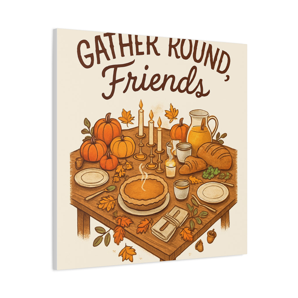 Thankful Gathering Canvas Wall Art — Friends, Family Thanksgiving Table Illustration