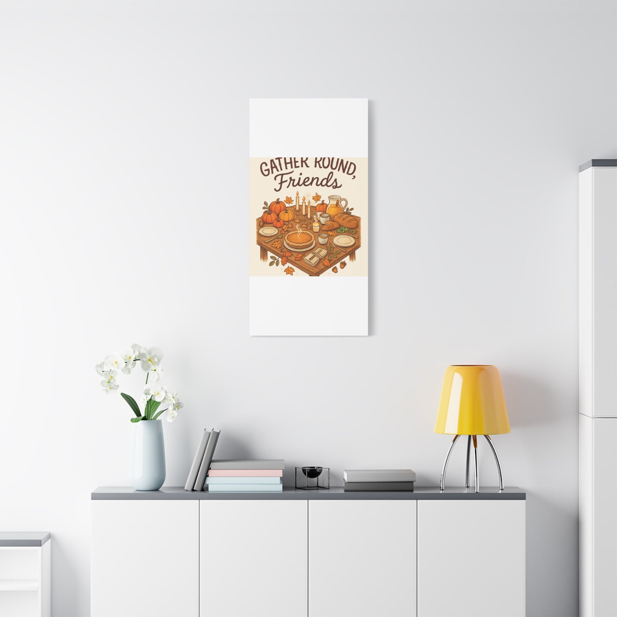 Thankful Gathering Canvas Wall Art — Friends, Family Thanksgiving Table Illustration