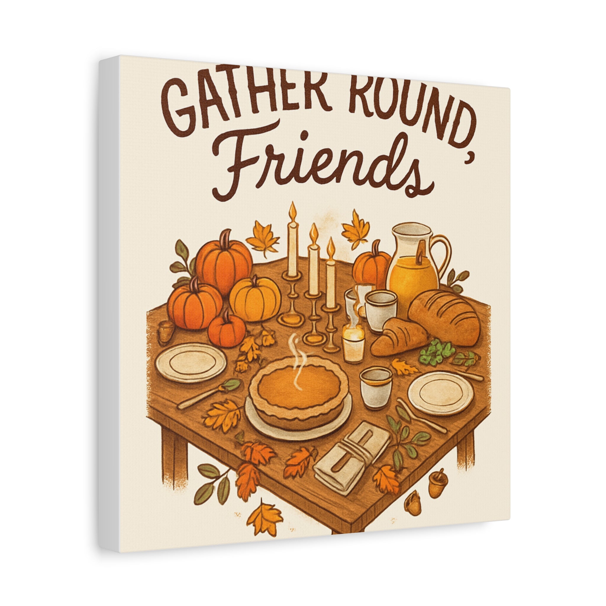 Thankful Gathering Canvas Wall Art — Friends, Family Thanksgiving Table Illustration