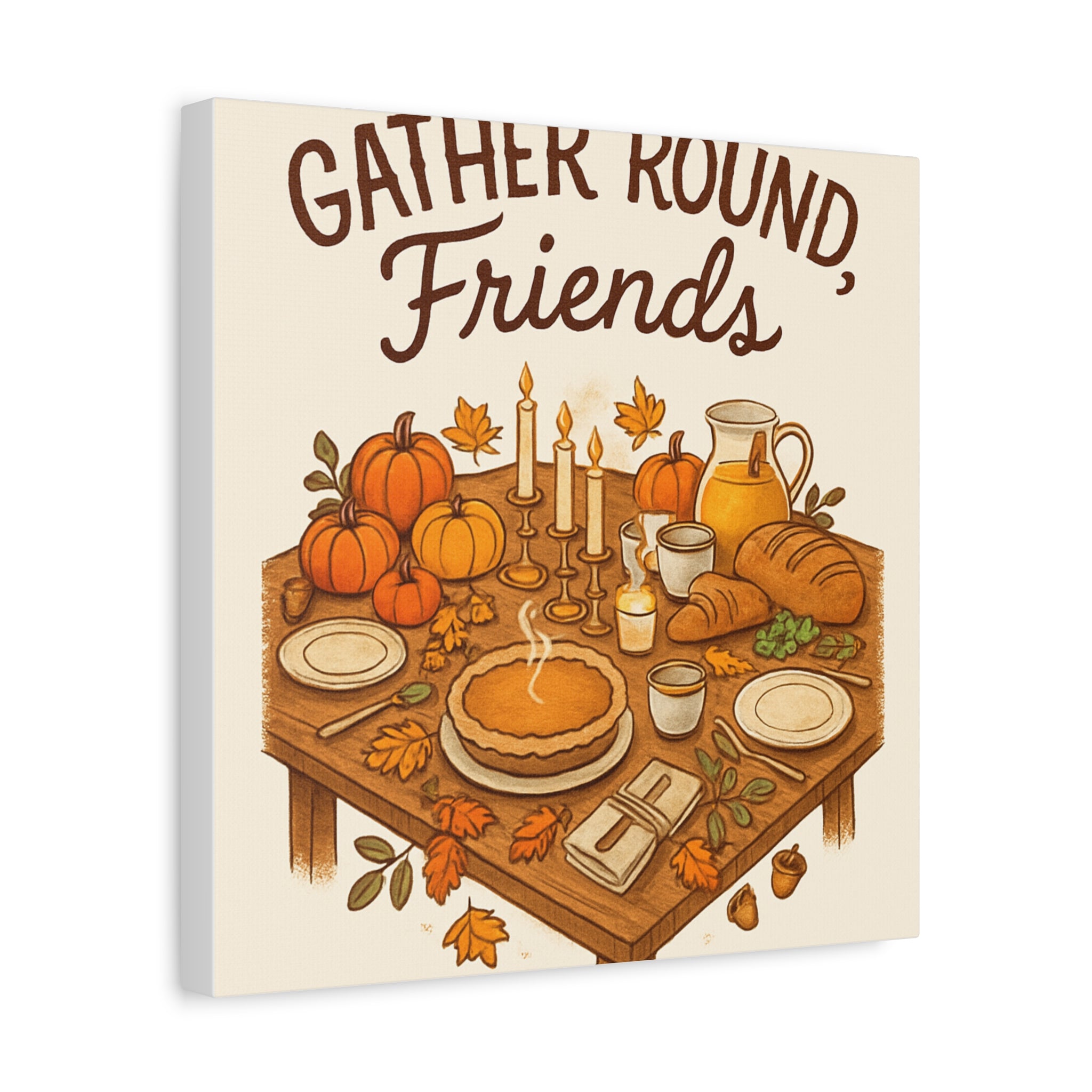 Thankful Gathering Canvas Wall Art — Friends, Family Thanksgiving Table Illustration