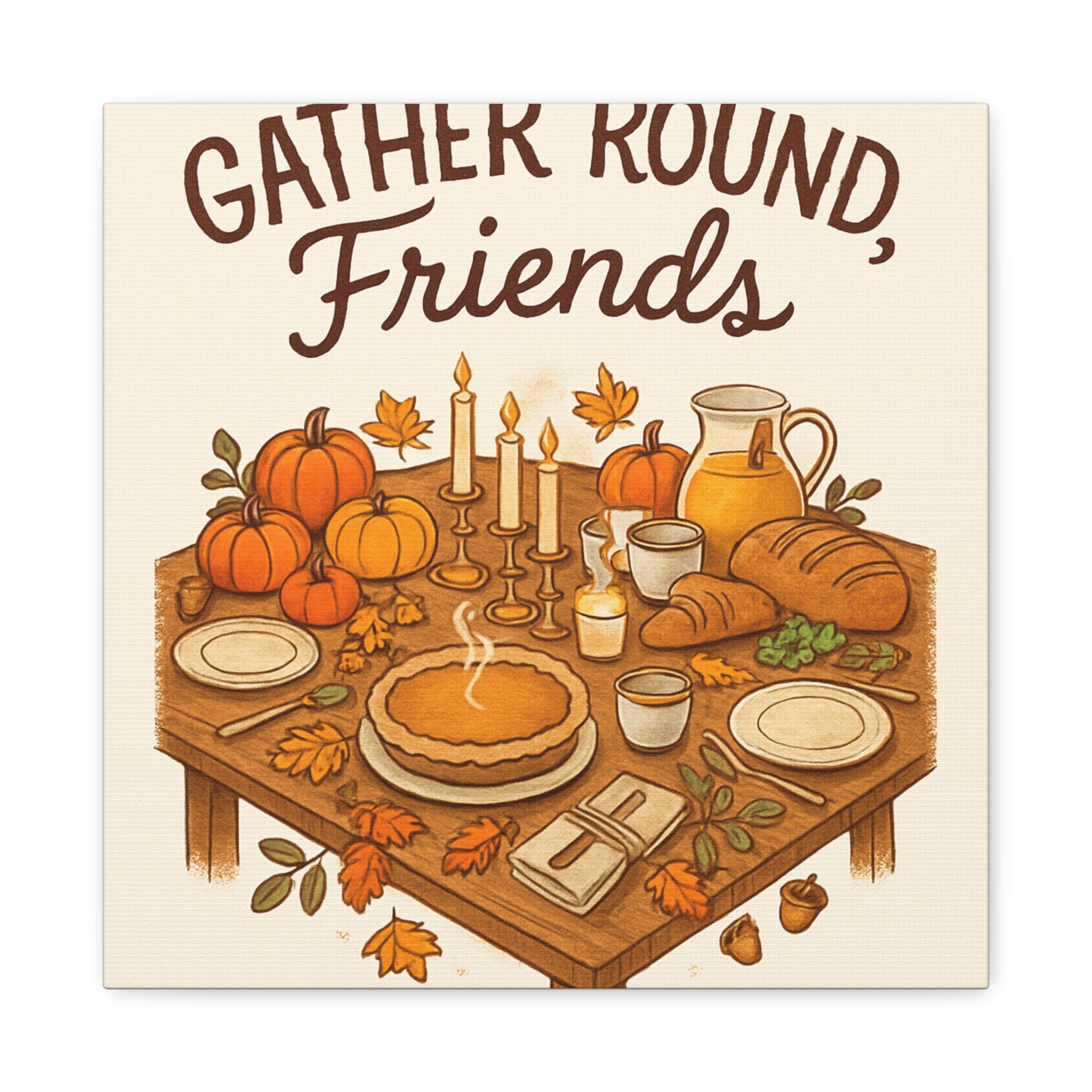 Thankful Gathering Canvas Wall Art — Friends, Family Thanksgiving Table Illustration
