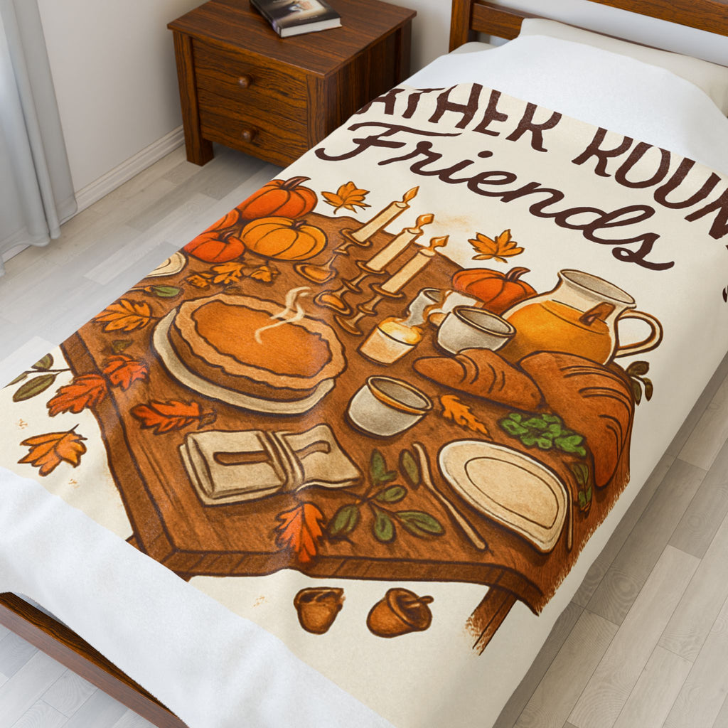 Gather Round Friends Velveteen Plush Blanket — Thanksgiving Fall Harvest Throw