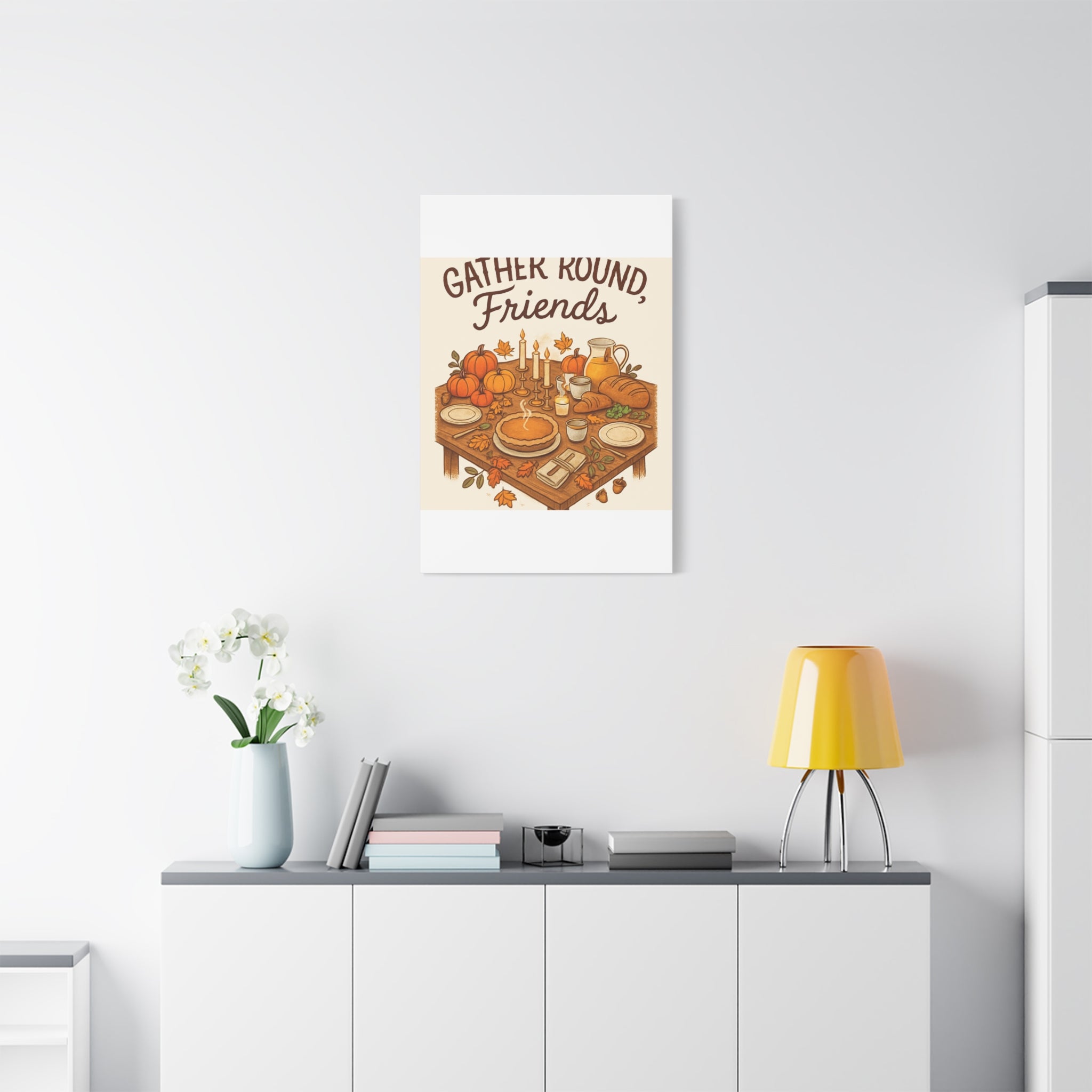 Thankful Gathering Canvas Wall Art — Friends, Family Thanksgiving Table Illustration