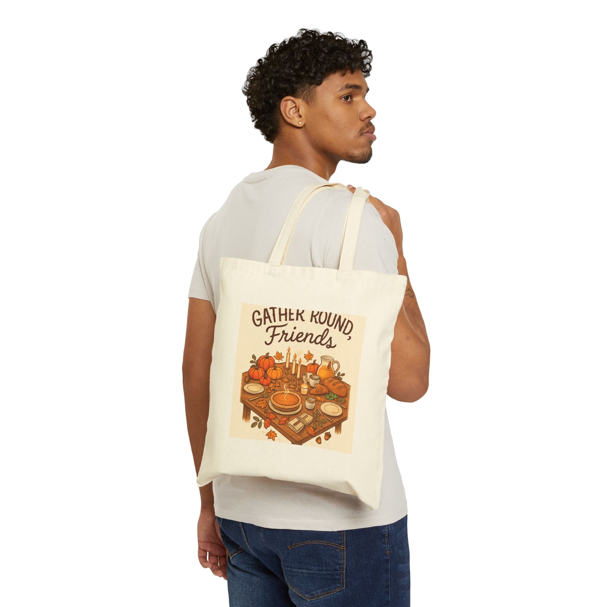 Tote Bag — "Gather Round Friends" Autumn Harvest Canvas Tote, Thanksgiving Picnic Market Bag