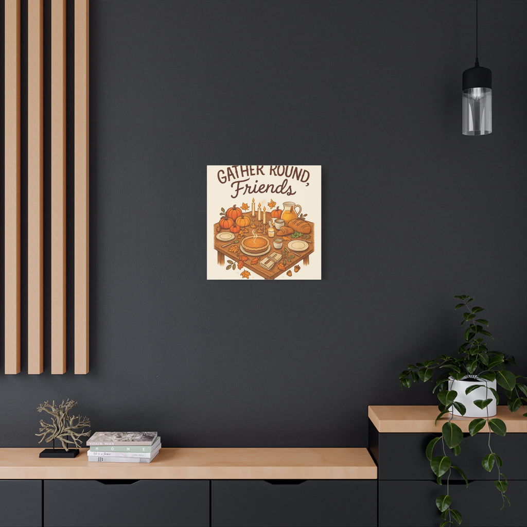 Thankful Gathering Canvas Wall Art — Friends, Family Thanksgiving Table Illustration