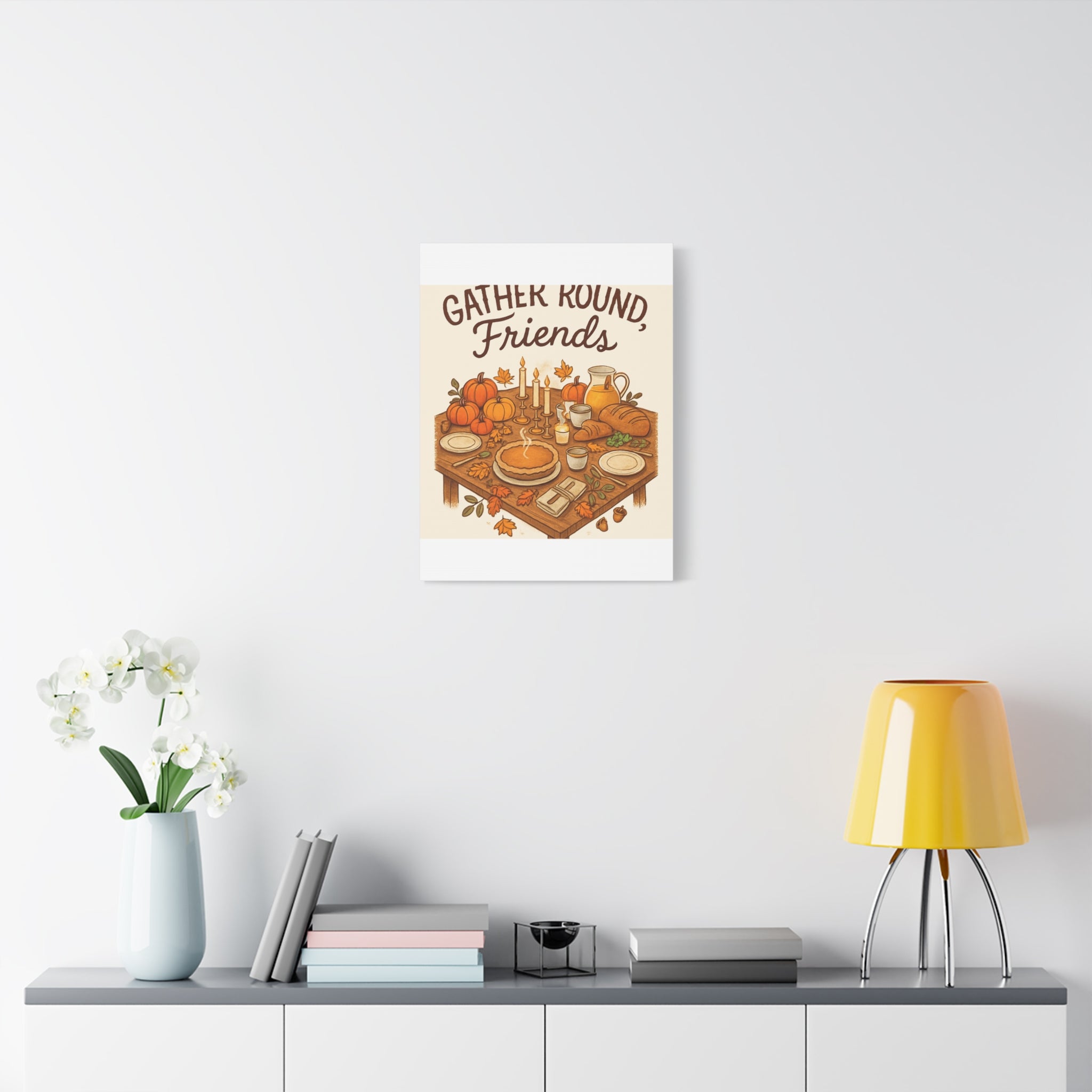 Thankful Gathering Canvas Wall Art — Friends, Family Thanksgiving Table Illustration