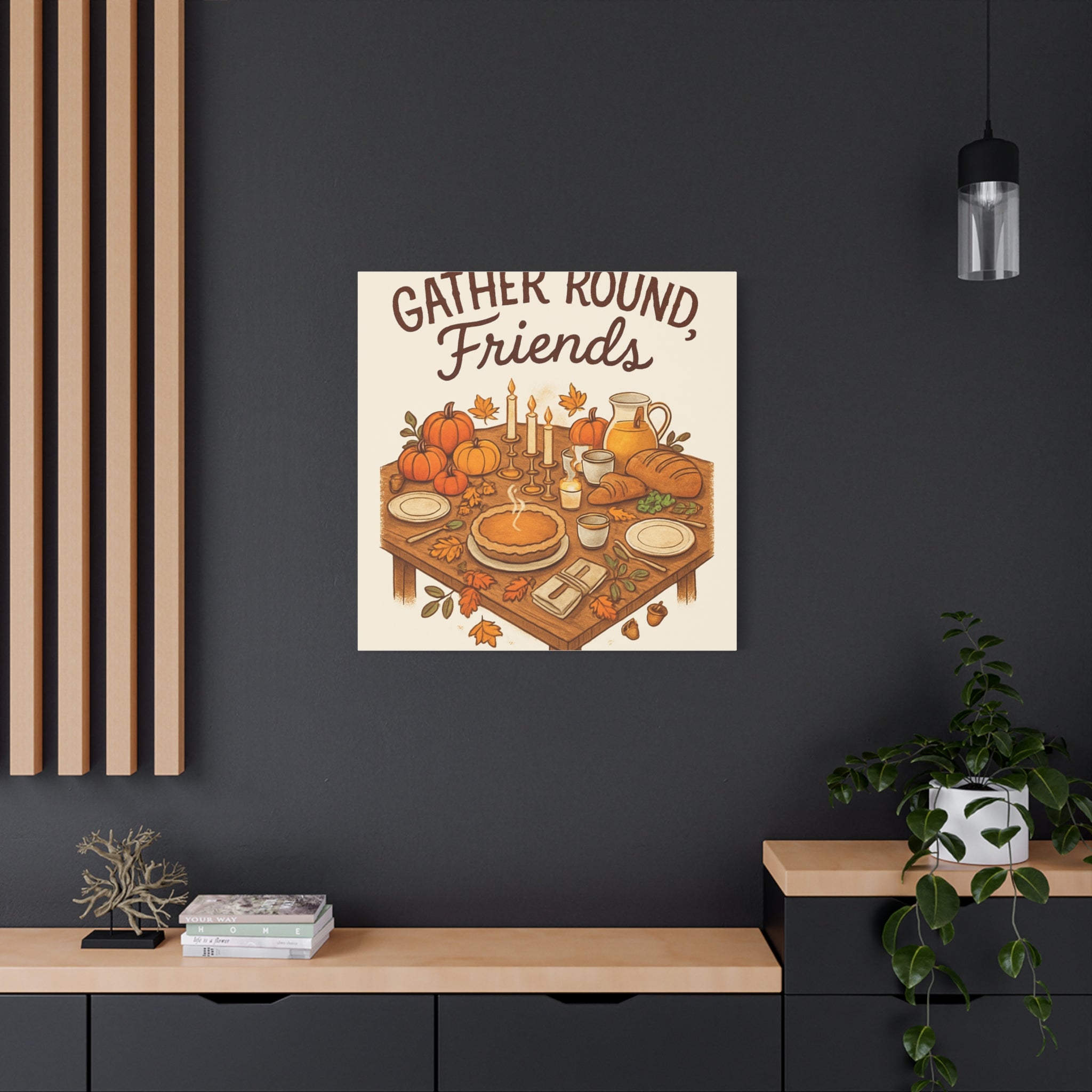Thankful Gathering Canvas Wall Art — Friends, Family Thanksgiving Table Illustration