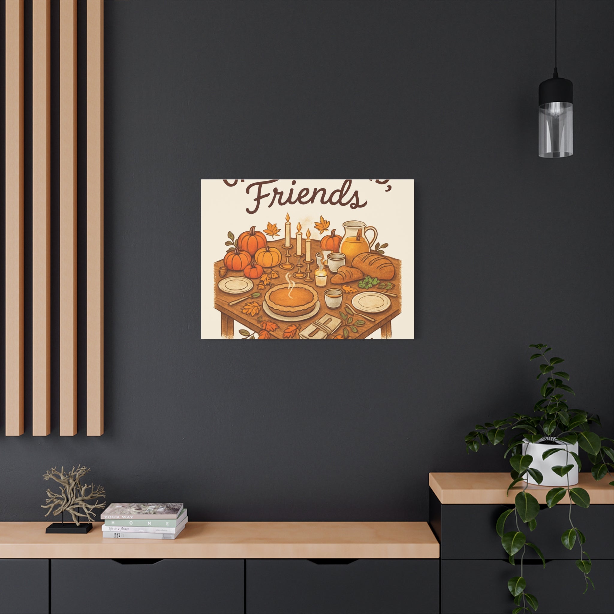 Thankful Gathering Canvas Wall Art — Friends, Family Thanksgiving Table Illustration