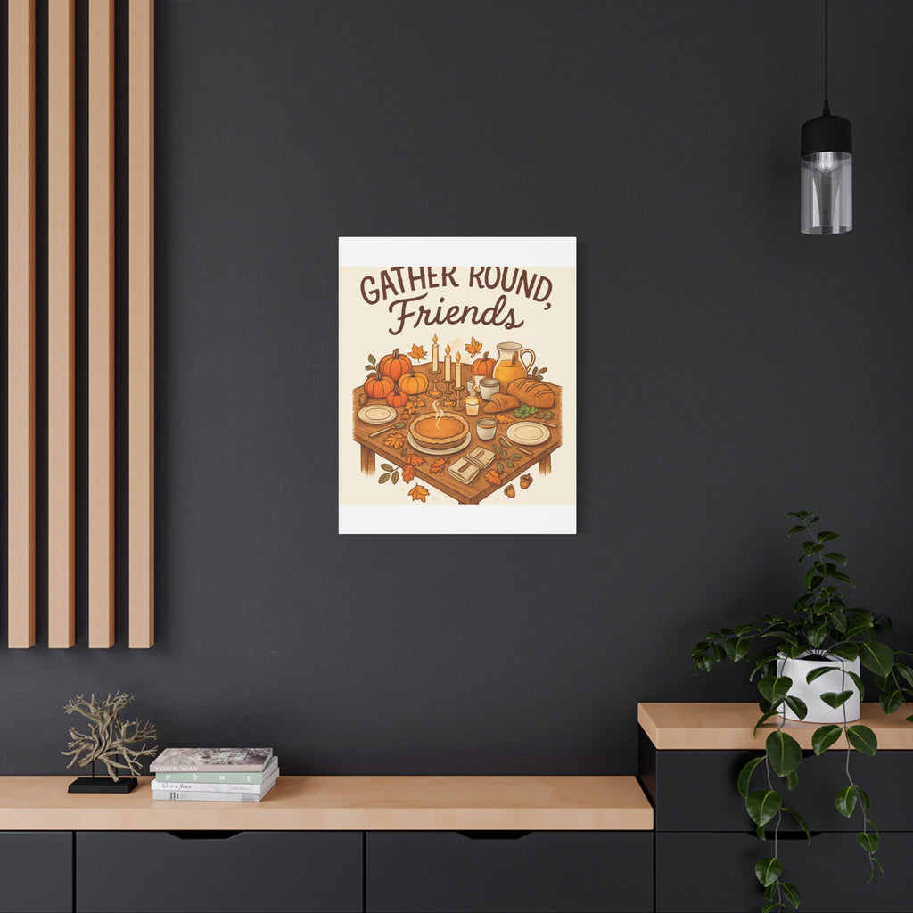 Thankful Gathering Canvas Wall Art — Friends, Family Thanksgiving Table Illustration