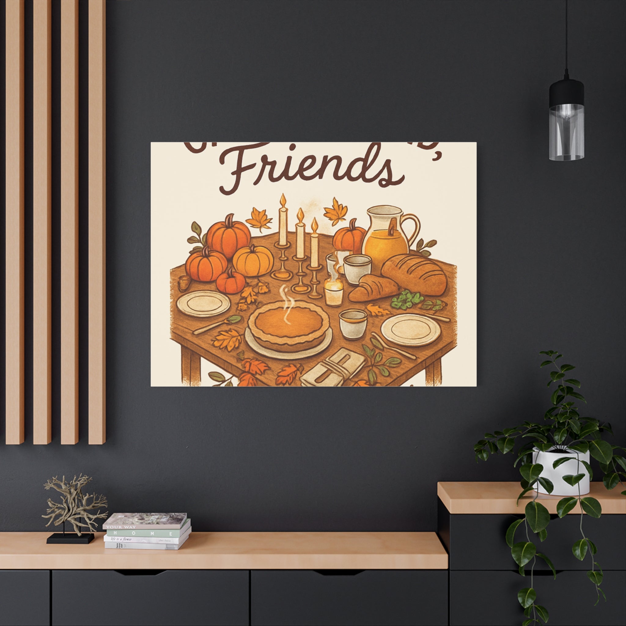 Thankful Gathering Canvas Wall Art — Friends, Family Thanksgiving Table Illustration