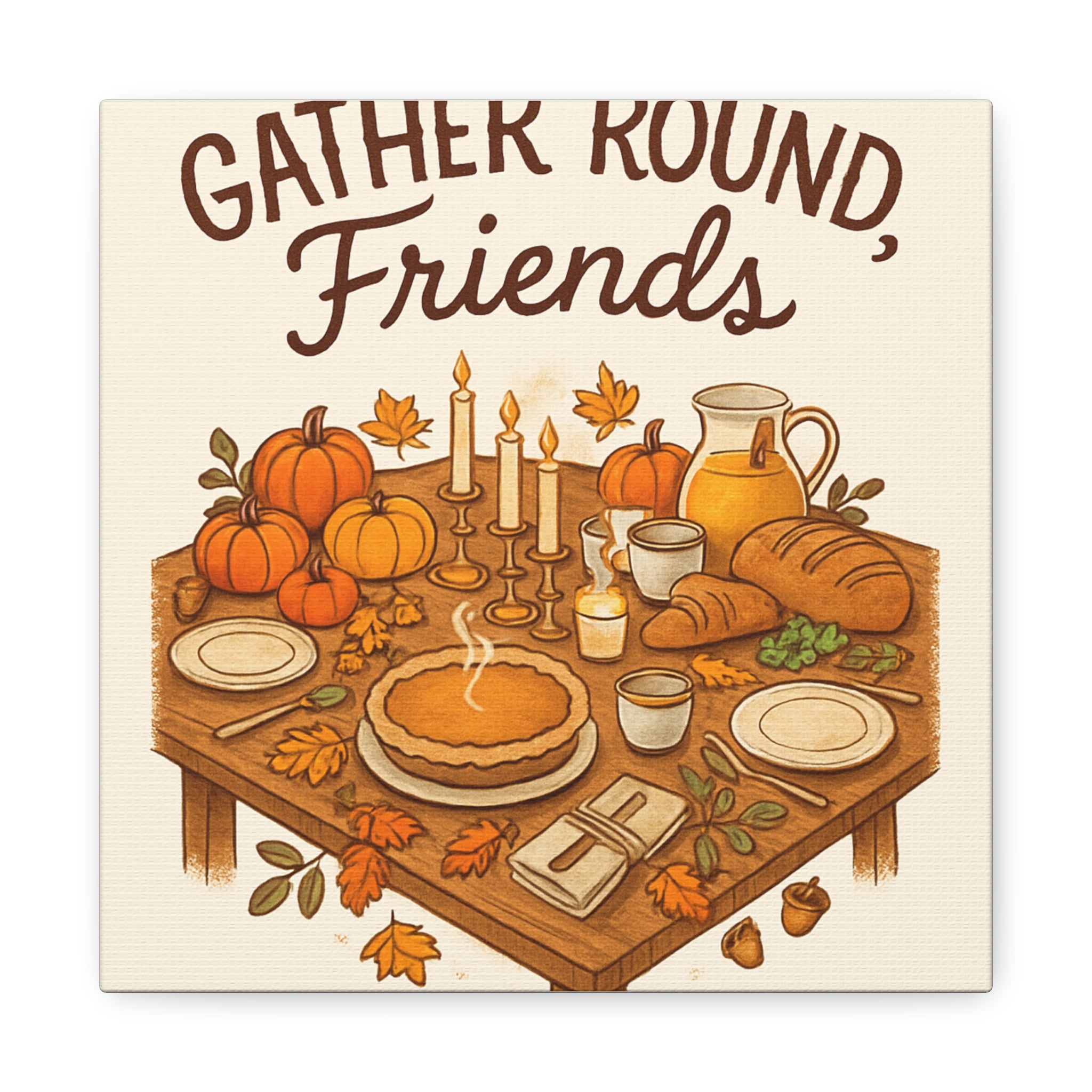 Thankful Gathering Canvas Wall Art — Friends, Family Thanksgiving Table Illustration