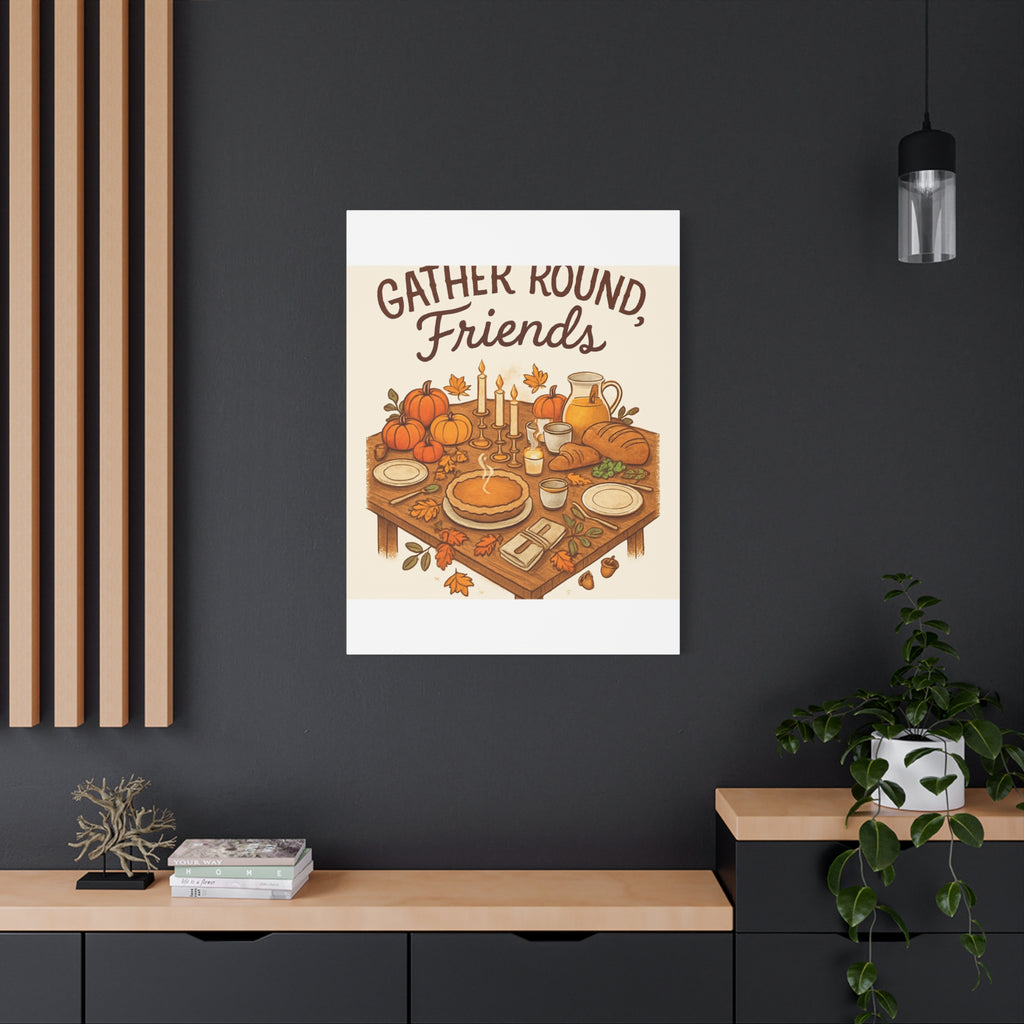 Thankful Gathering Canvas Wall Art — Friends, Family Thanksgiving Table Illustration