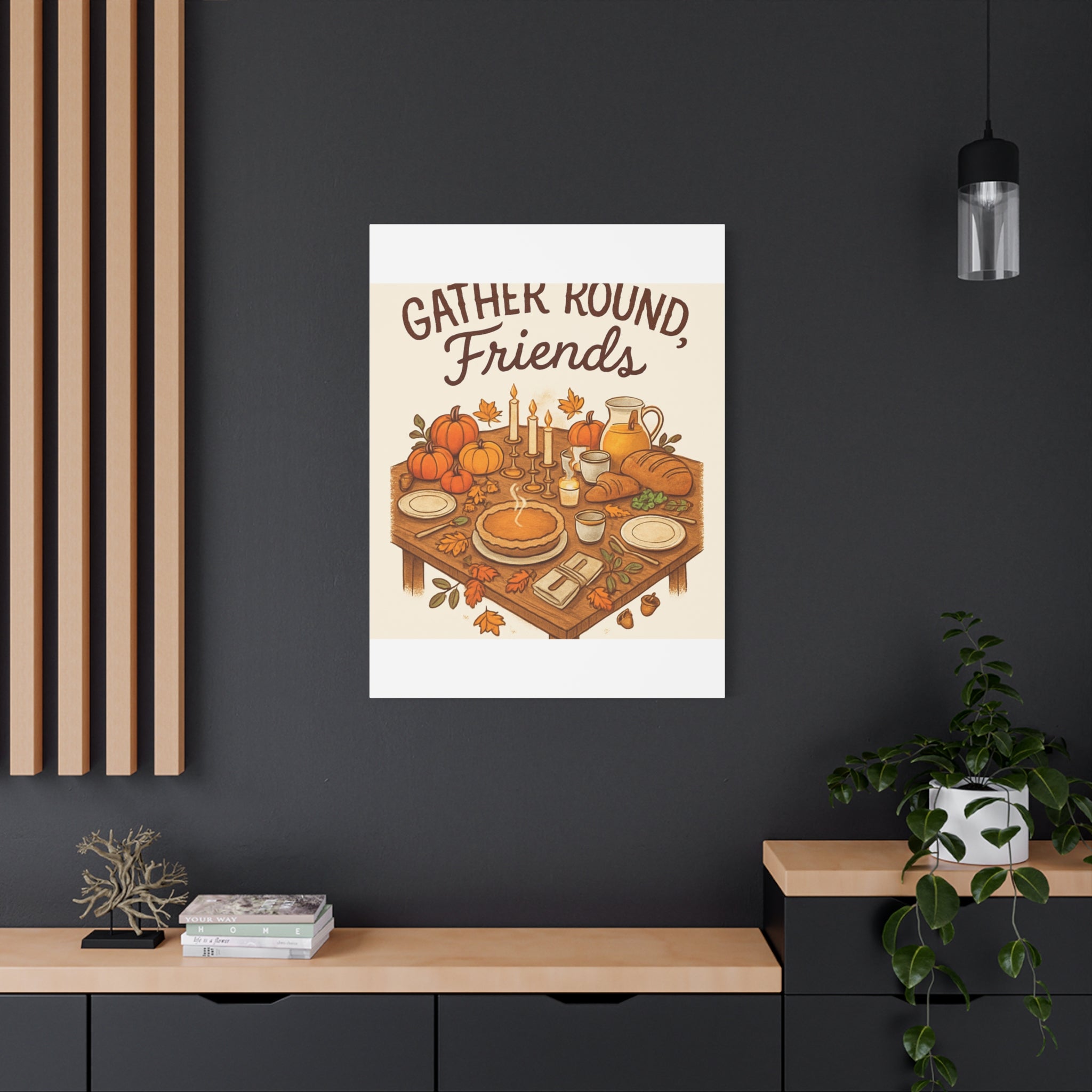 Thankful Gathering Canvas Wall Art — Friends, Family Thanksgiving Table Illustration