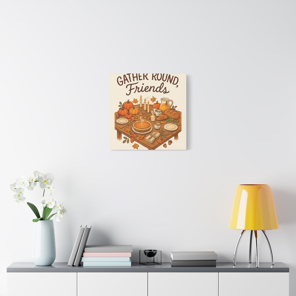 Thankful Gathering Canvas Wall Art — Friends, Family Thanksgiving Table Illustration