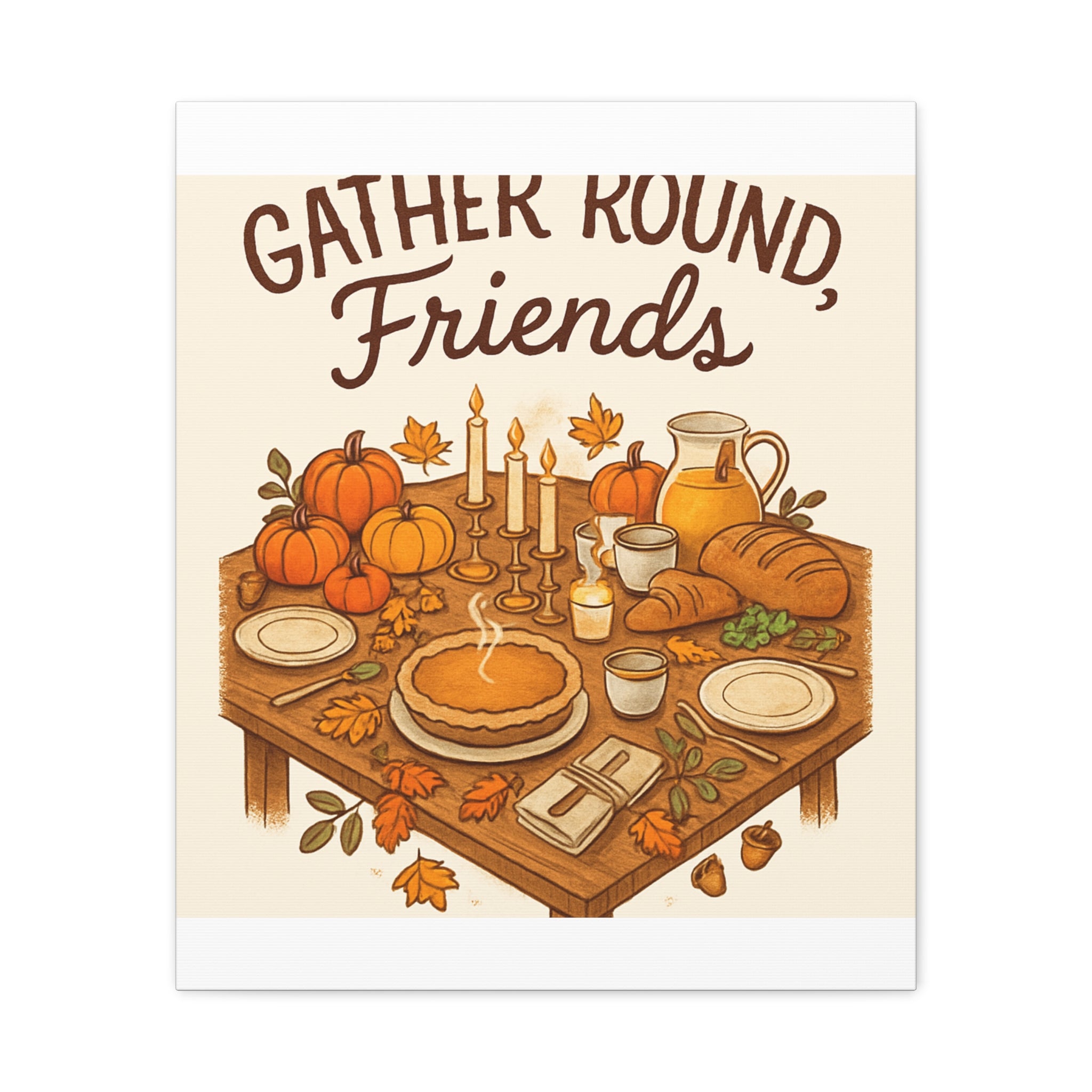 Thankful Gathering Canvas Wall Art — Friends, Family Thanksgiving Table Illustration