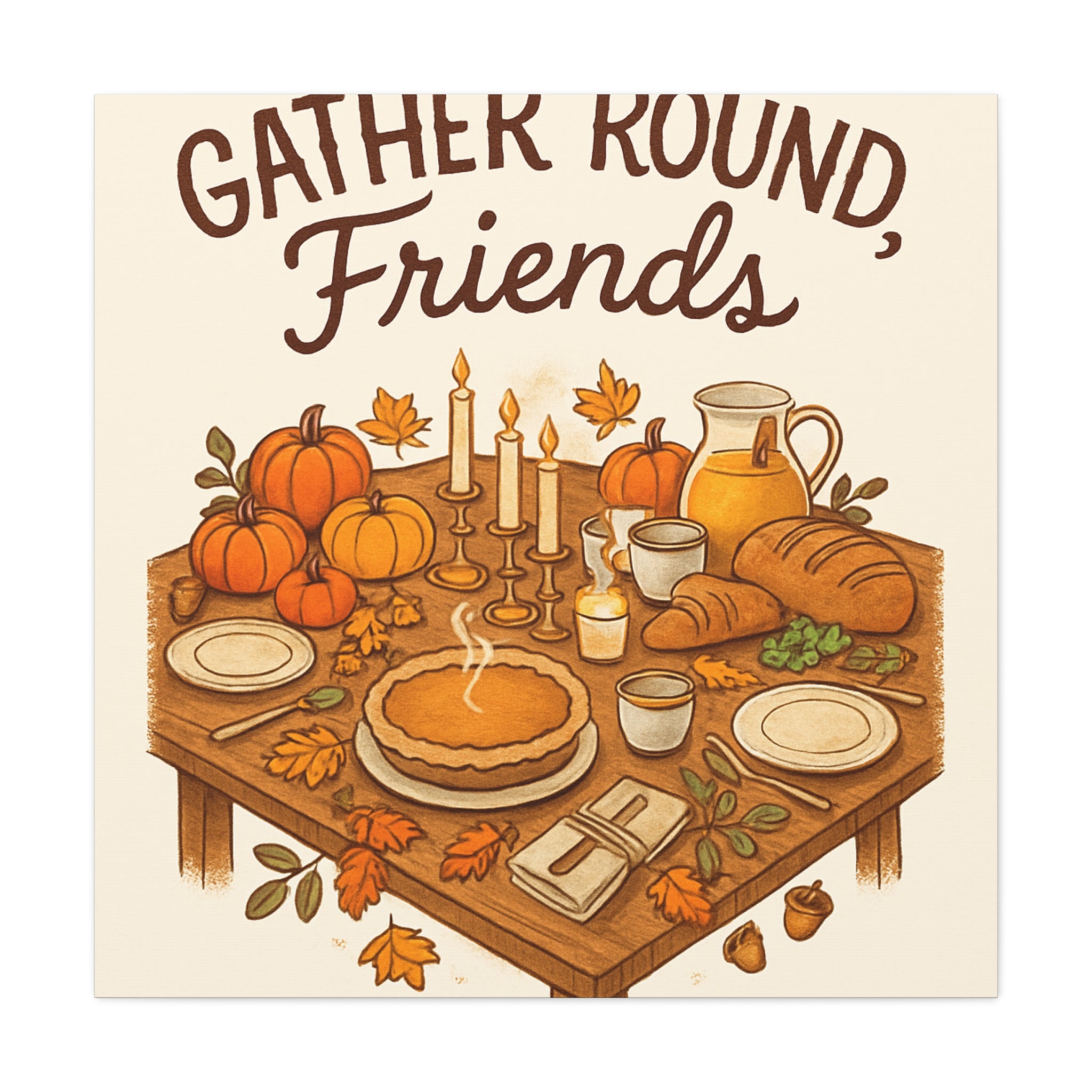 Thankful Gathering Canvas Wall Art — Friends, Family Thanksgiving Table Illustration