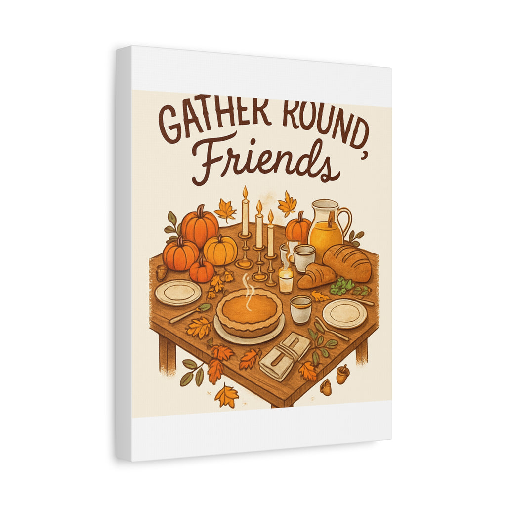 Thankful Gathering Canvas Wall Art — Friends, Family Thanksgiving Table Illustration