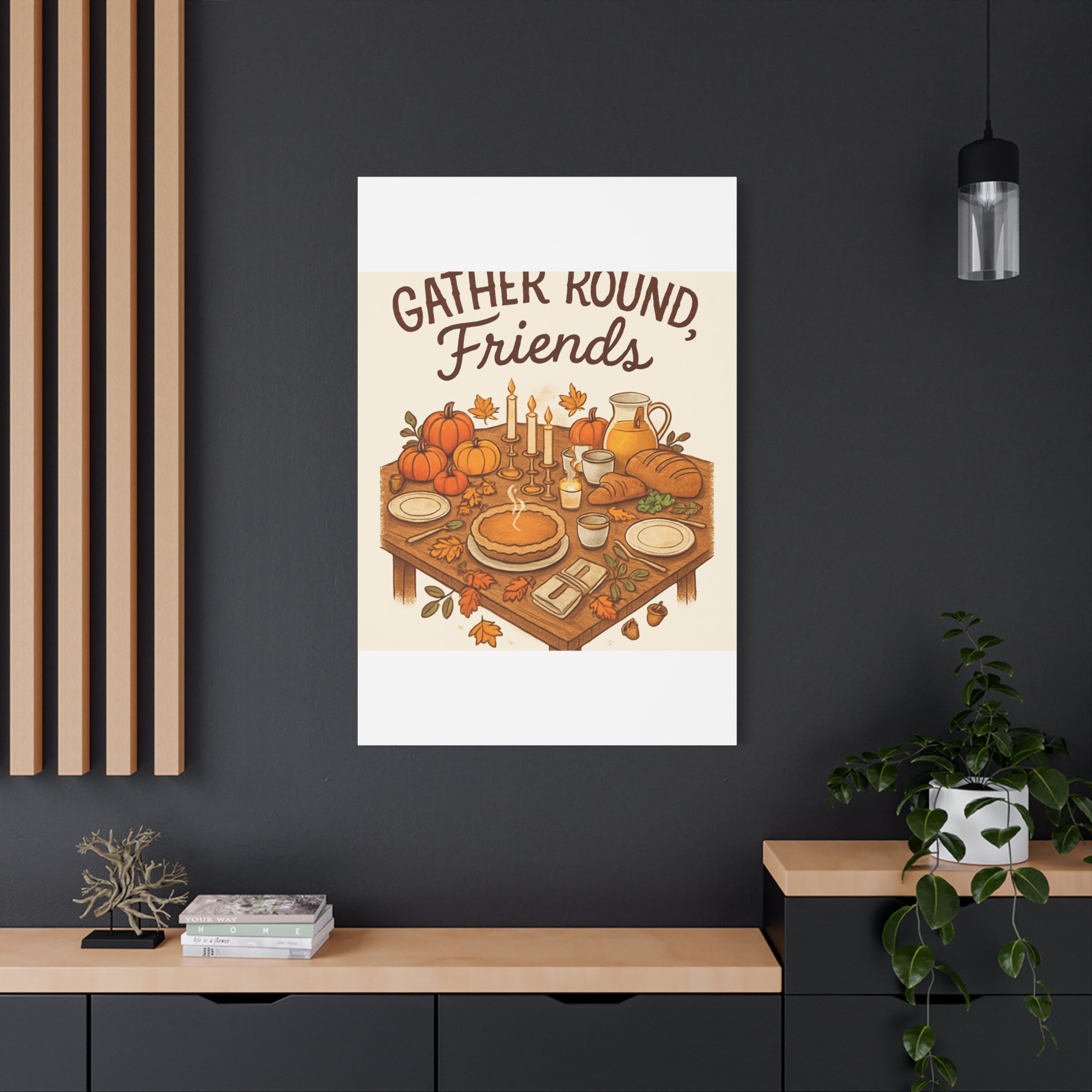 Thankful Gathering Canvas Wall Art — Friends, Family Thanksgiving Table Illustration