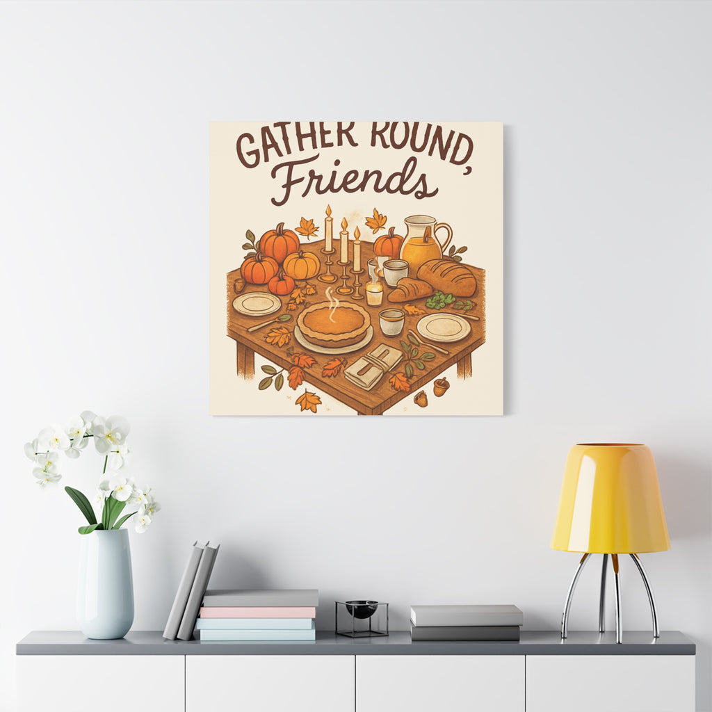Thankful Gathering Canvas Wall Art — Friends, Family Thanksgiving Table Illustration