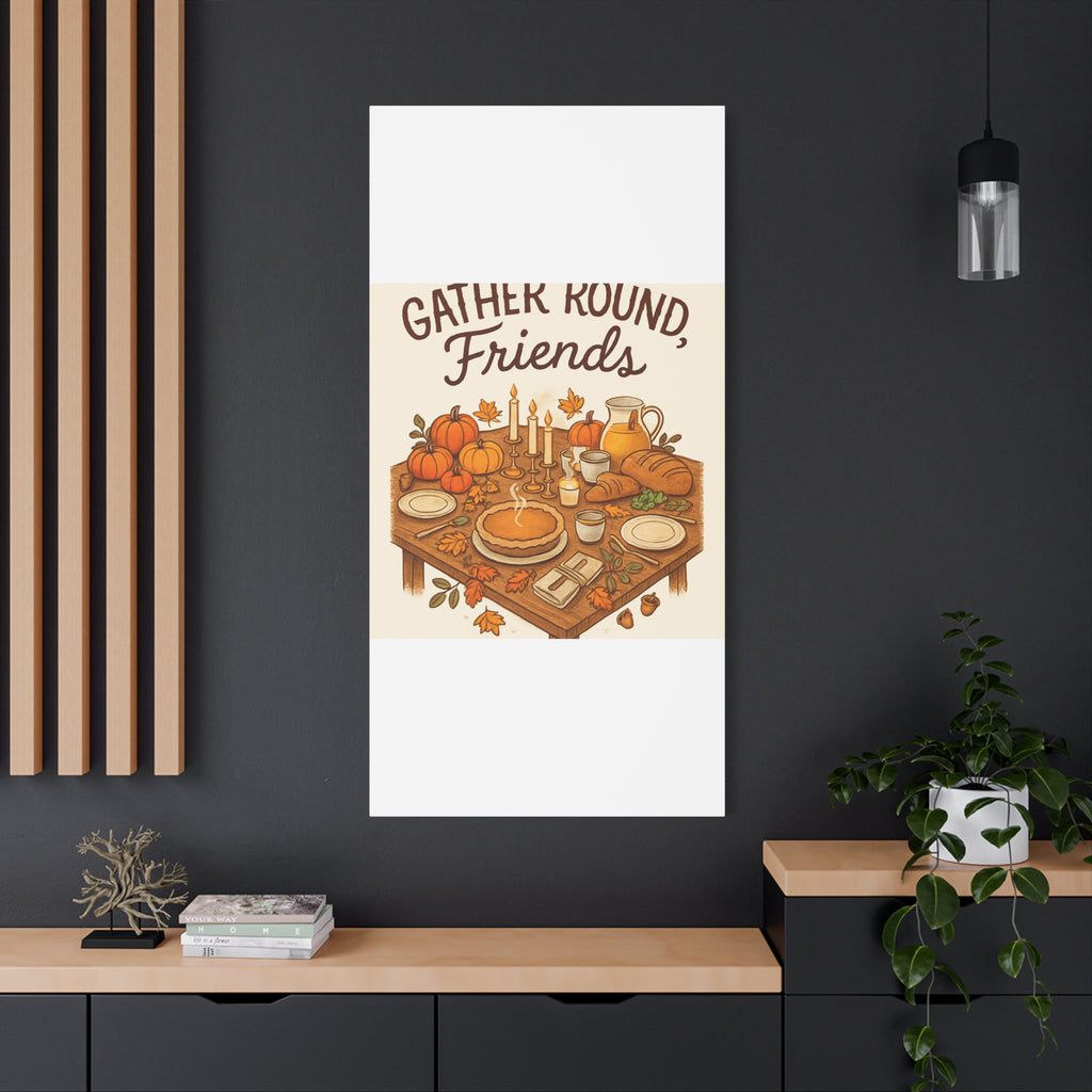 Thankful Gathering Canvas Wall Art — Friends, Family Thanksgiving Table Illustration