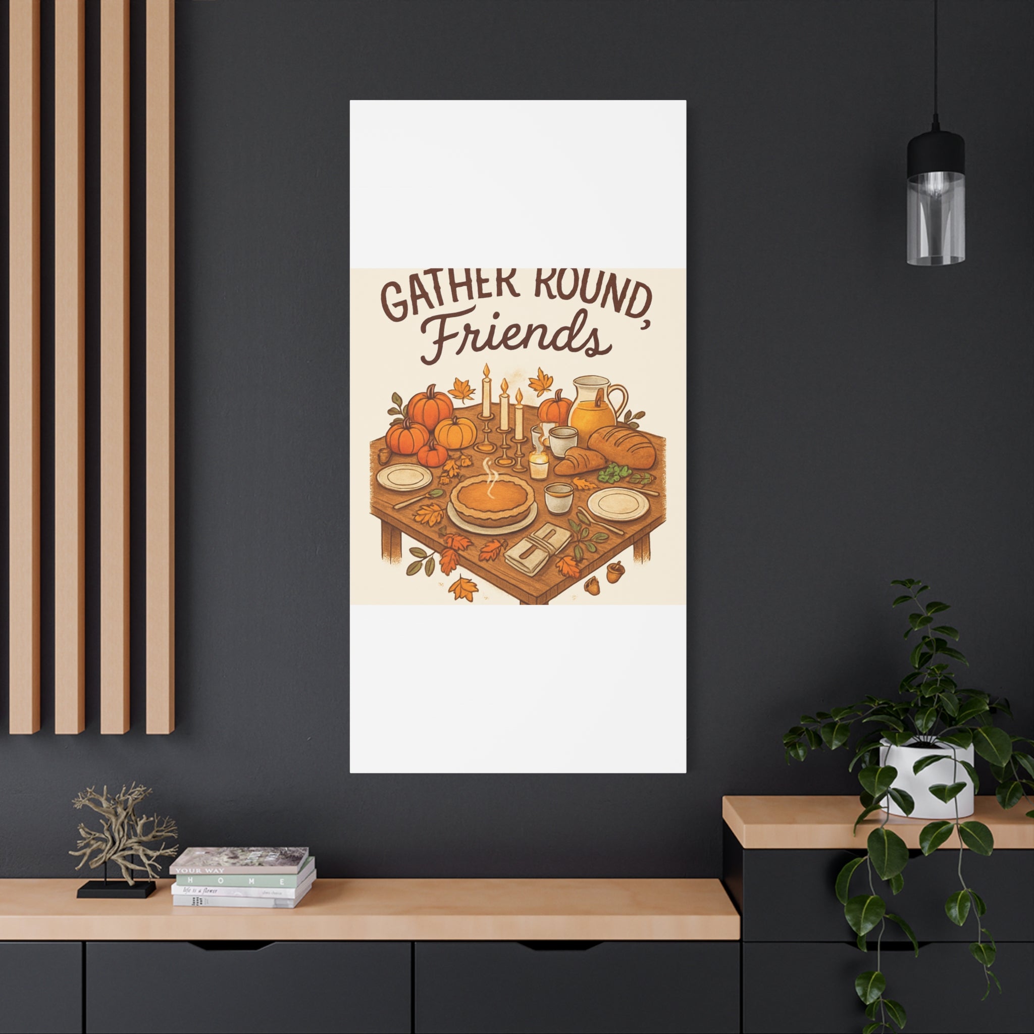 Thankful Gathering Canvas Wall Art — Friends, Family Thanksgiving Table Illustration