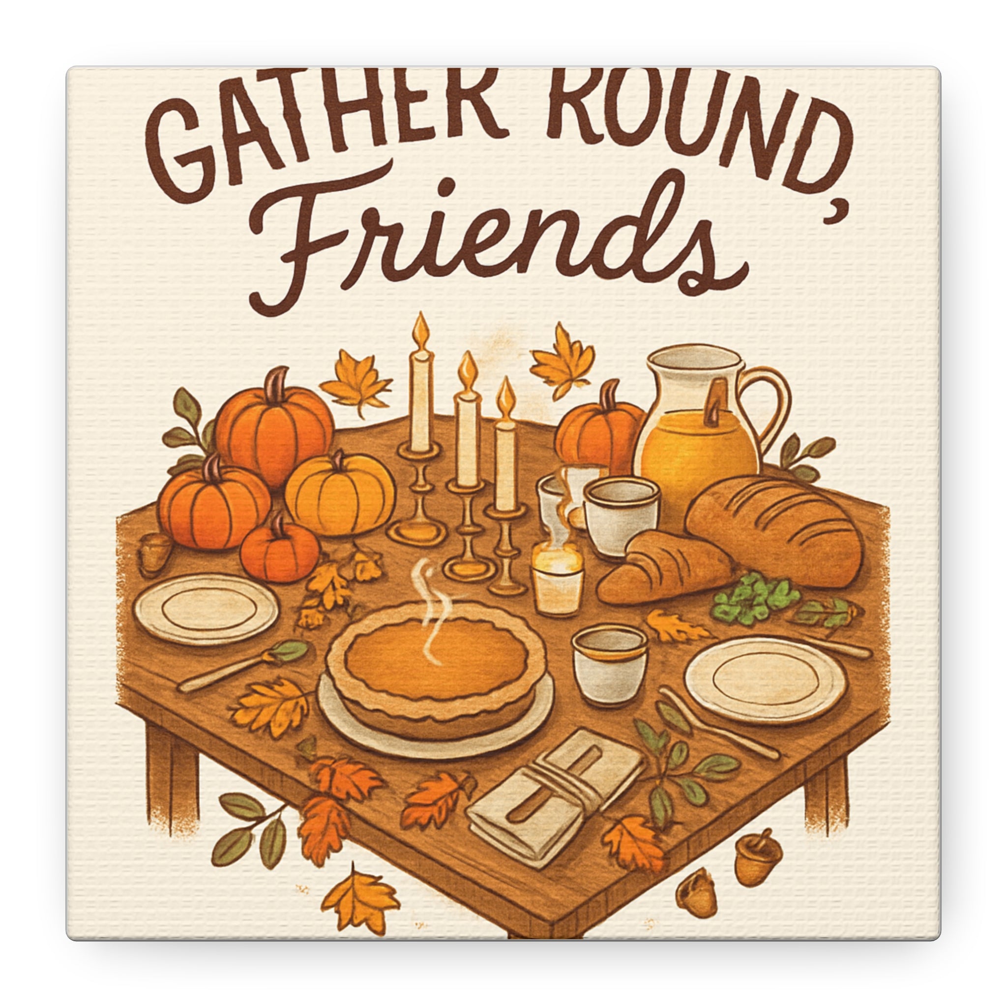 Thankful Gathering Canvas Wall Art — Friends, Family Thanksgiving Table Illustration