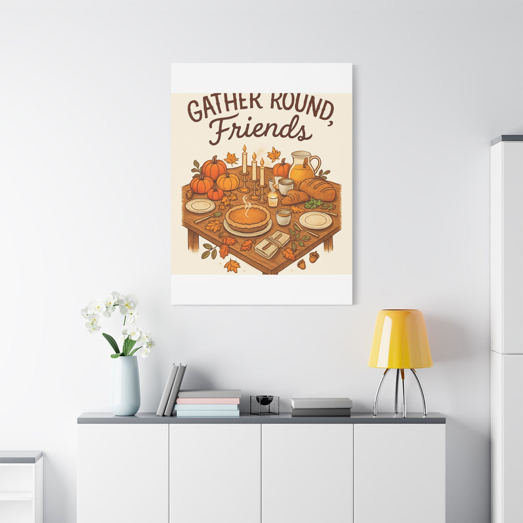 Thankful Gathering Canvas Wall Art — Friends, Family Thanksgiving Table Illustration