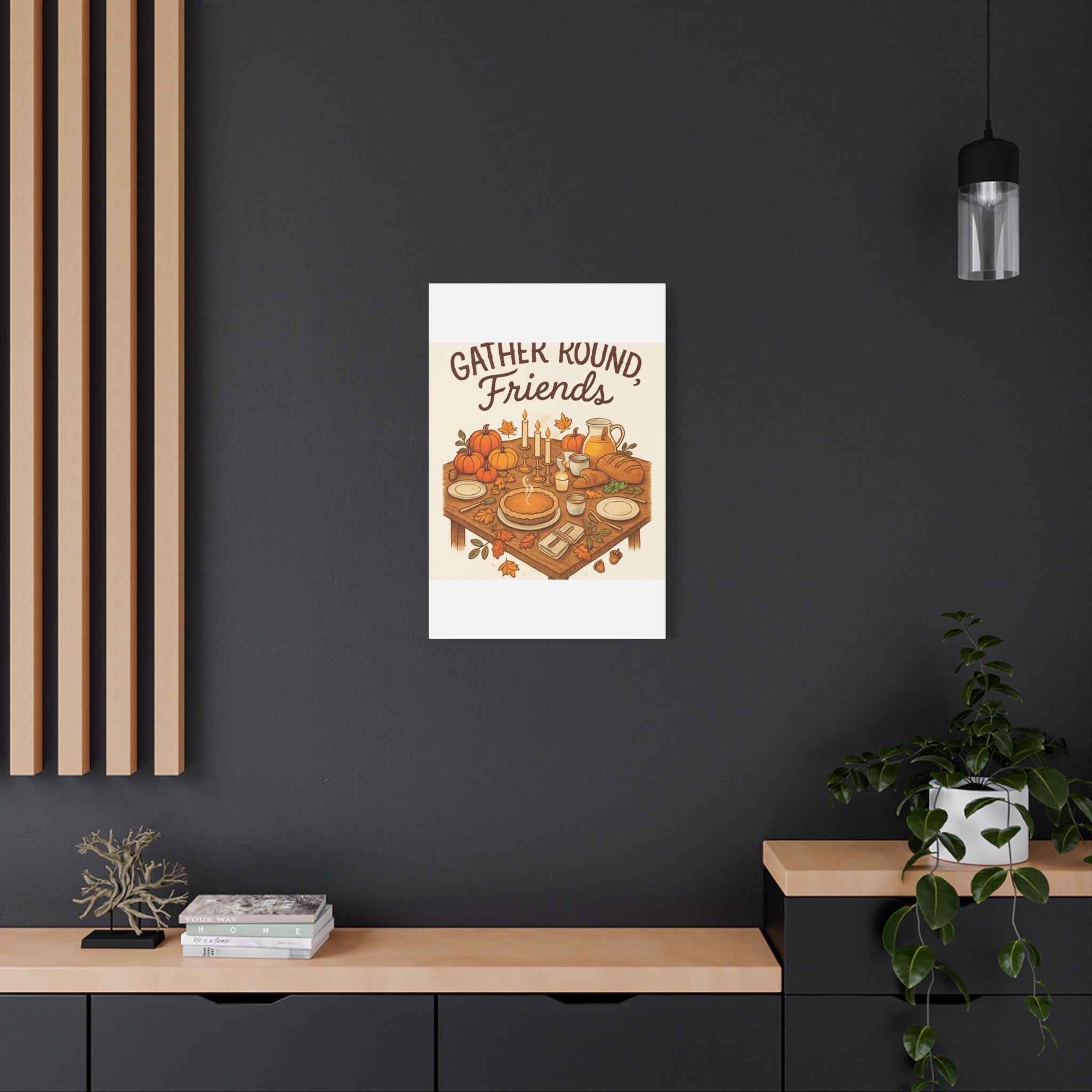 Thankful Gathering Canvas Wall Art — Friends, Family Thanksgiving Table Illustration