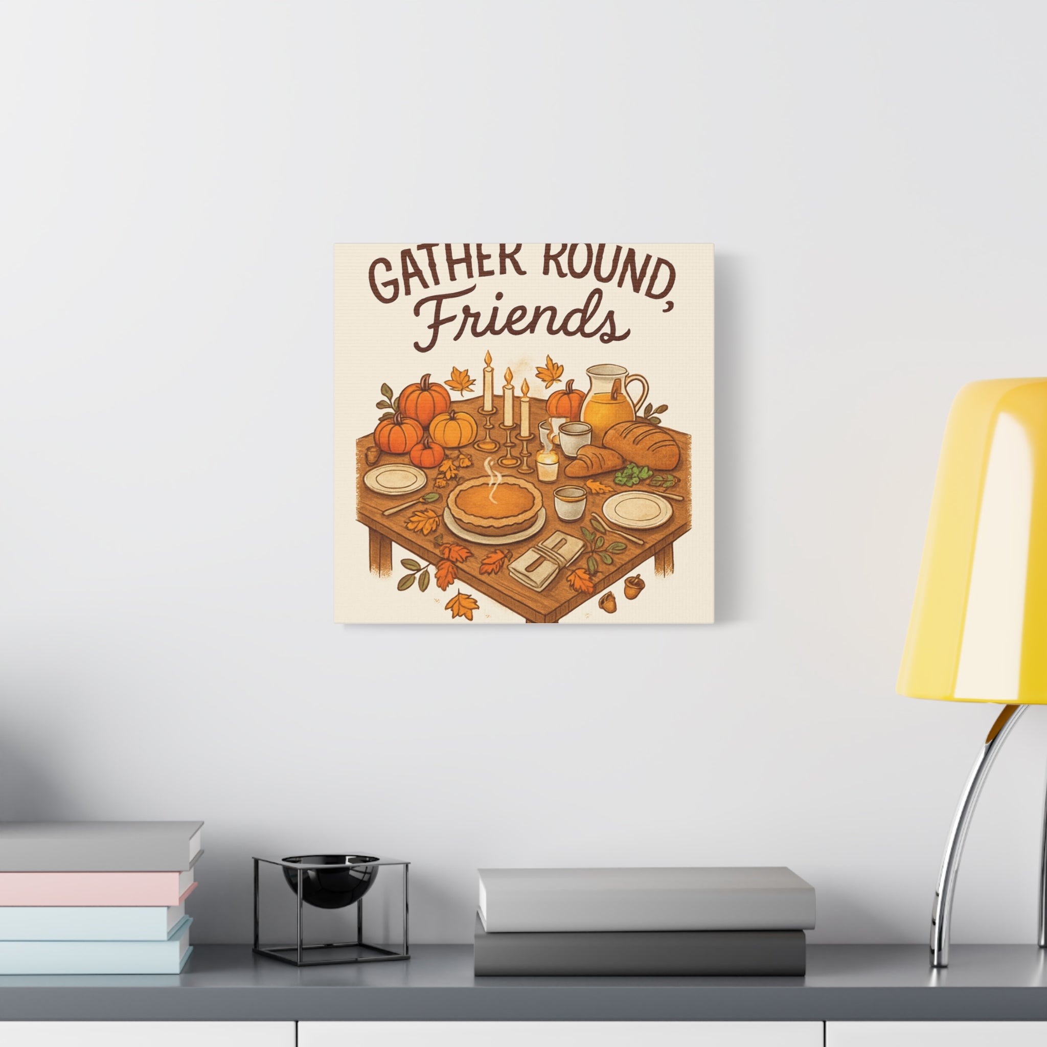 Thankful Gathering Canvas Wall Art — Friends, Family Thanksgiving Table Illustration