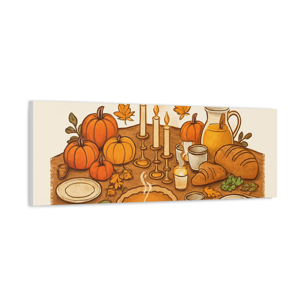 Thankful Gathering Canvas Wall Art — Friends, Family Thanksgiving Table Illustration