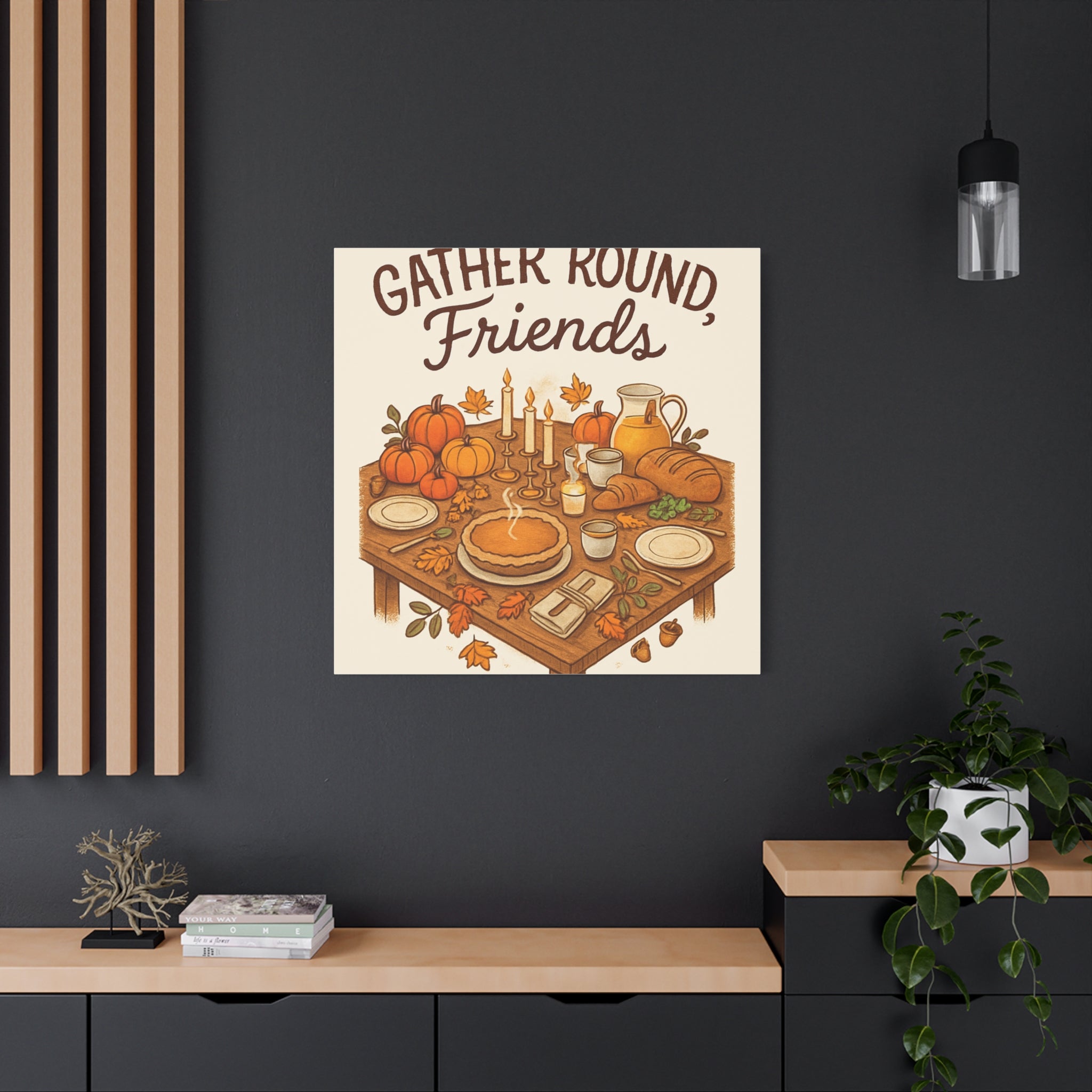 Thankful Gathering Canvas Wall Art — Friends, Family Thanksgiving Table Illustration