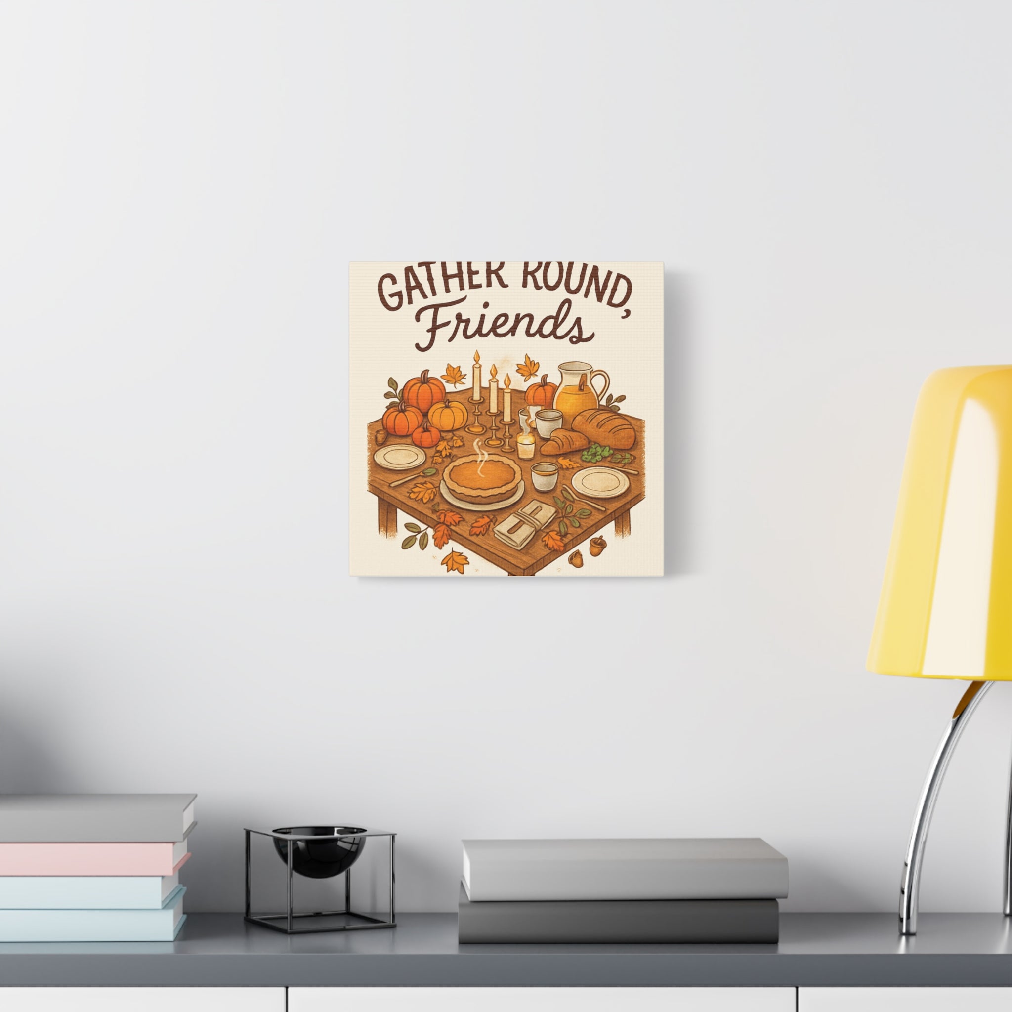 Thankful Gathering Canvas Wall Art — Friends, Family Thanksgiving Table Illustration