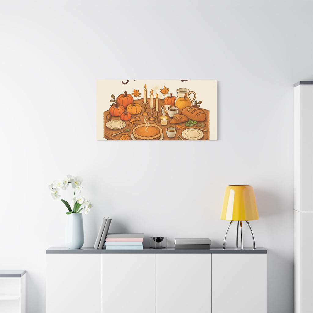 Thankful Gathering Canvas Wall Art — Friends, Family Thanksgiving Table Illustration